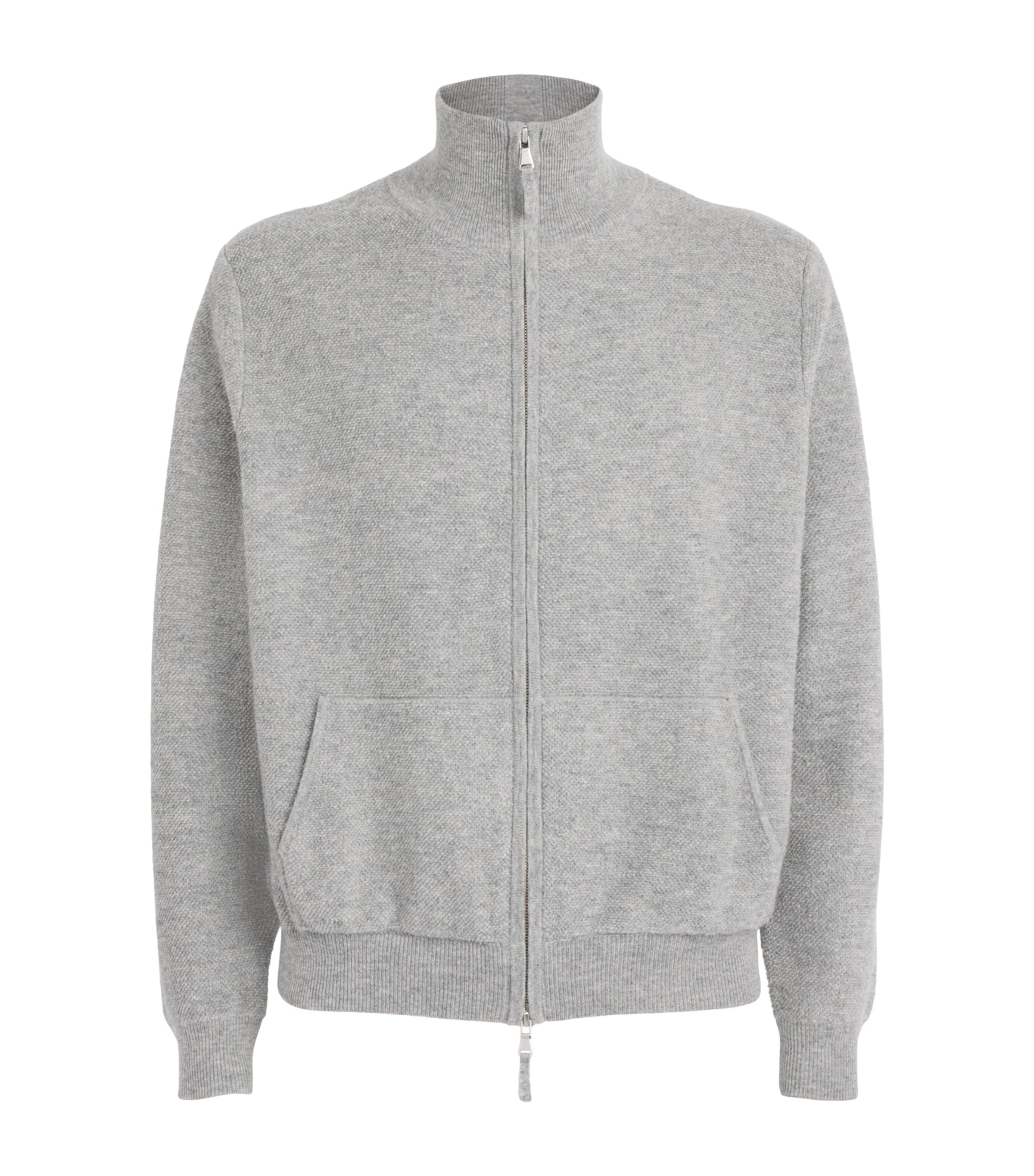Allude Mens Wool-Cashmere Waffle-Knit Zip-Up Cardigan