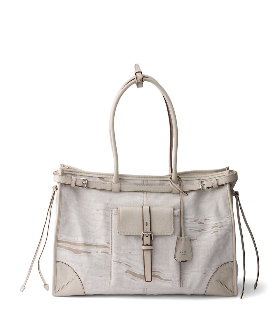 Prada Printed Linen Bonnie Shoulder Bag White