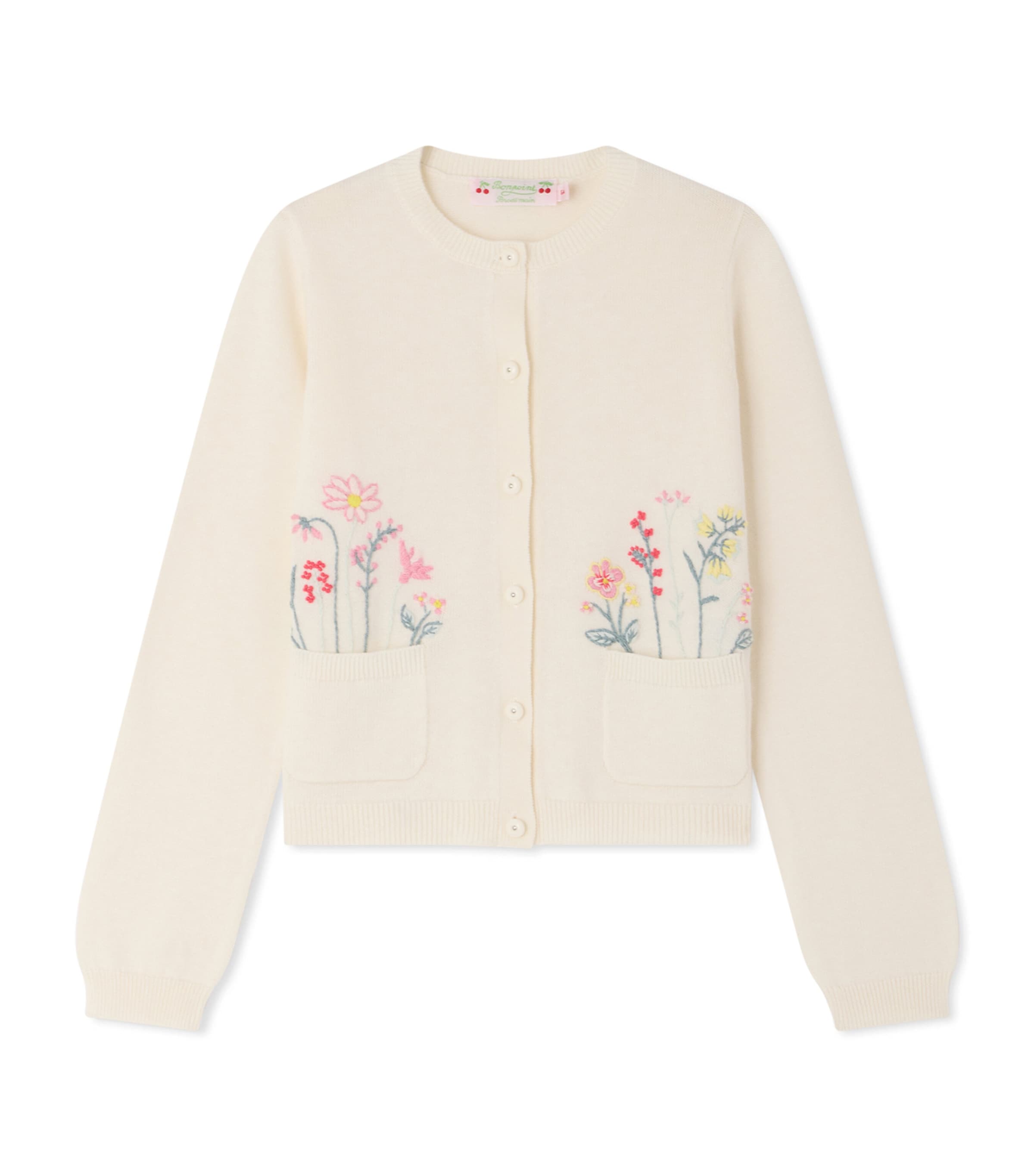 Bonpoint Cotton Embroidered Floral Cardigan (10-14 Years) Craie