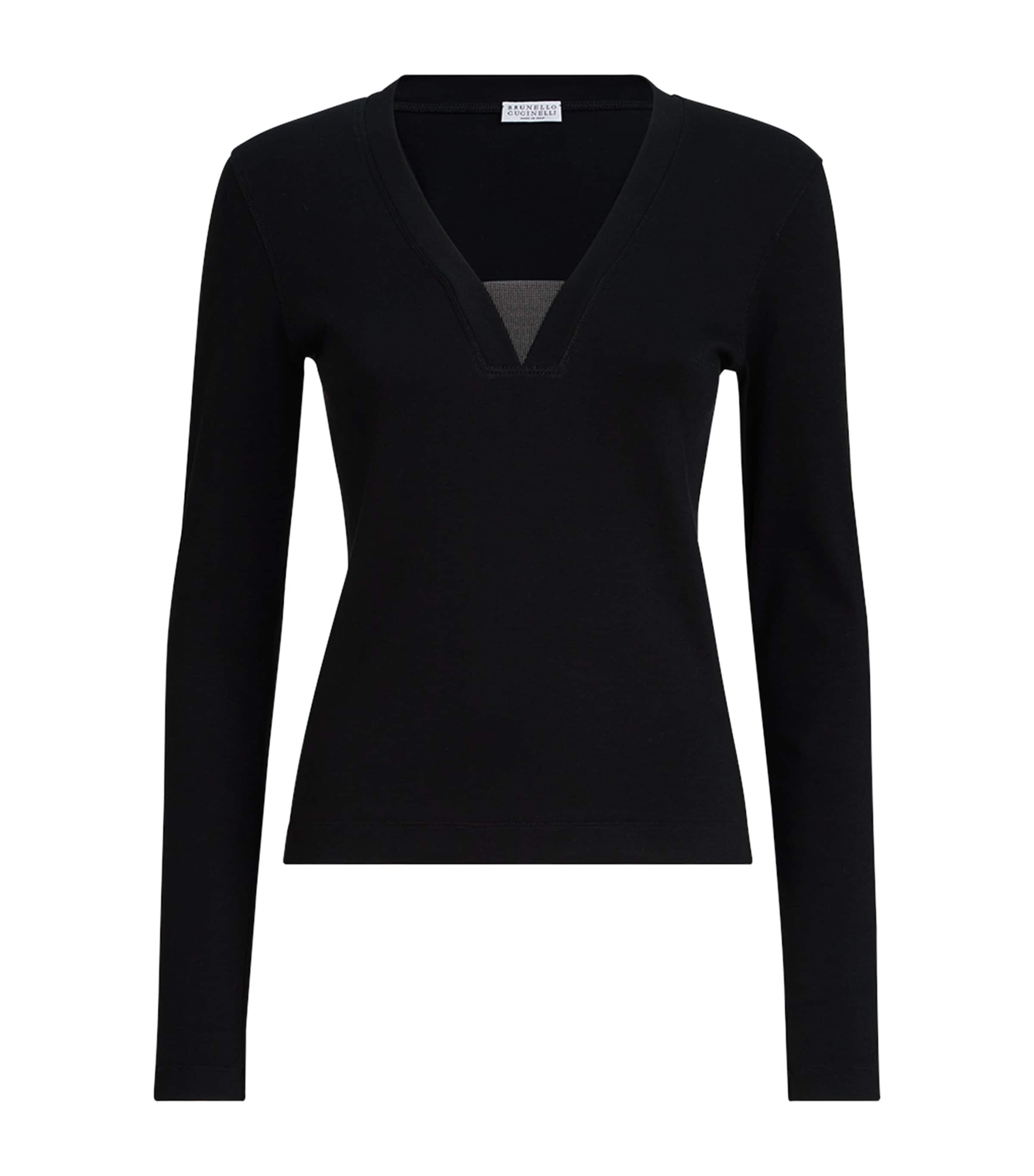 Brunello Cucinelli Womens Monili Long-Sleeve V-Neck T-Shirt Black