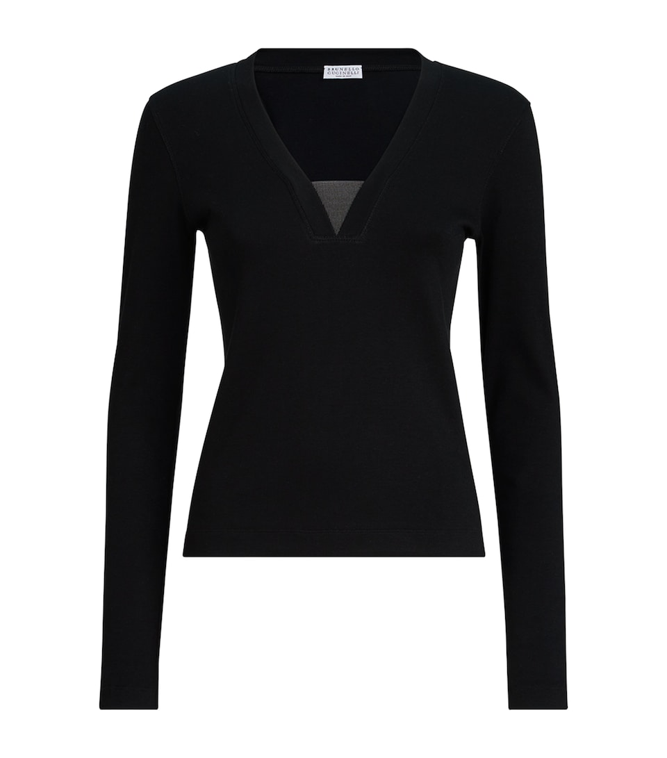 Brunello Cucinelli Womens Monili Long-Sleeve V-Neck T-Shirt Black
