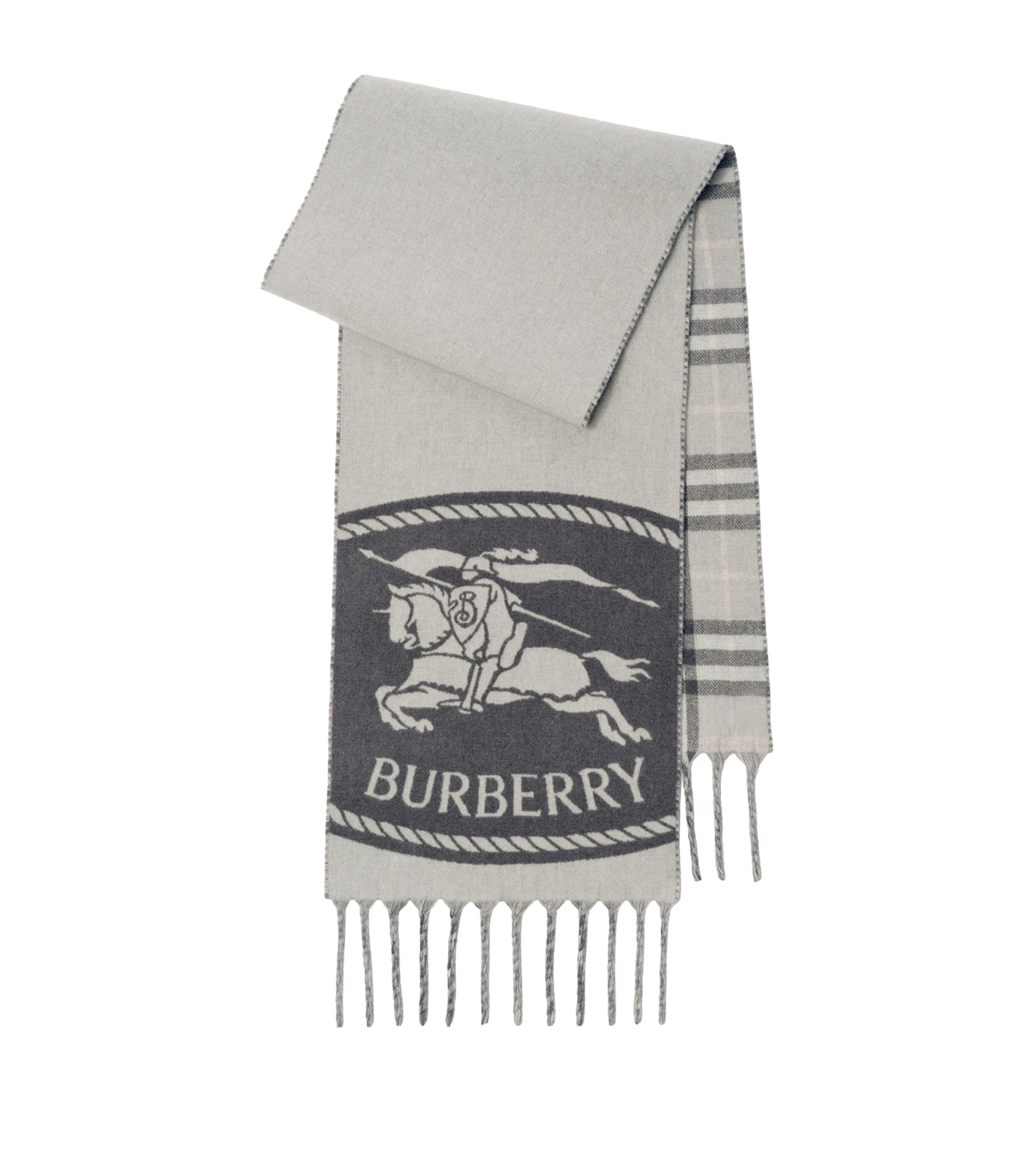 Burberry Cashmere Reversible Knight Stamp Scarf Mitten Grey