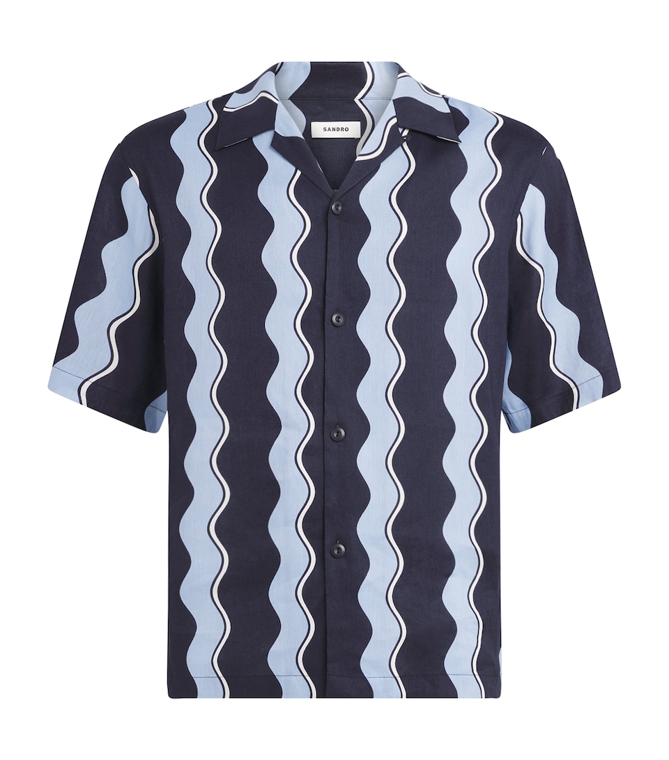 Sandro Paris Mens Linen-Blend Waves Print Shirt Navy Blue