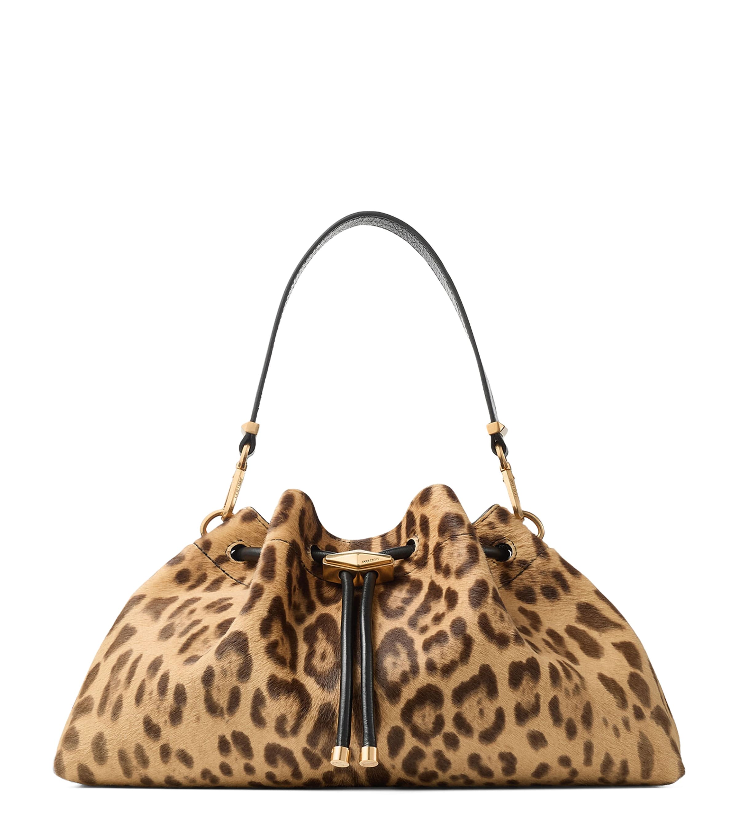 Jimmy Choo Medium Cinch Leopard Print Bucket Bag Natural/gold