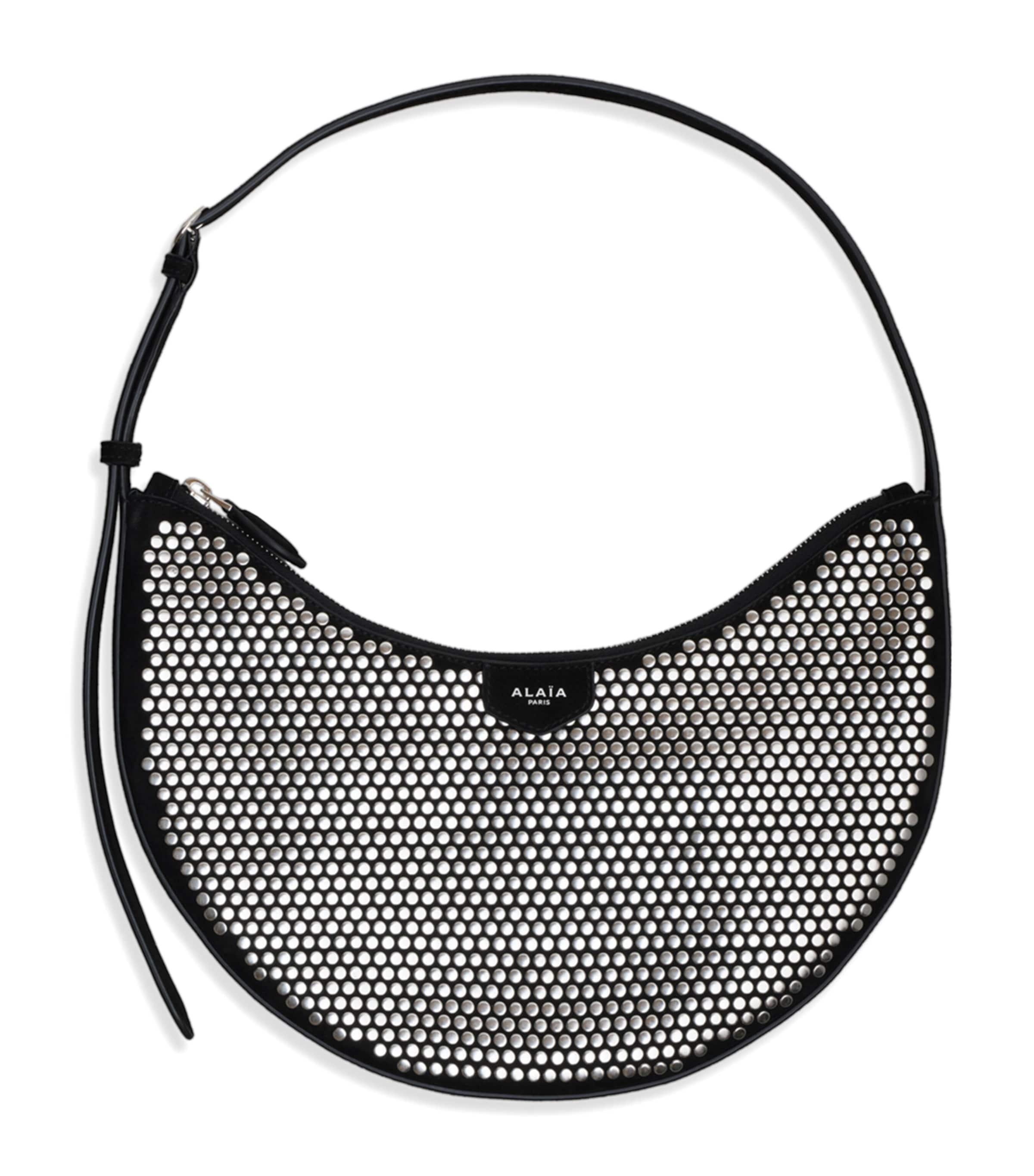 Alaïa Small Suede Studded One Piece Demi Lune Shoulder Bag Black