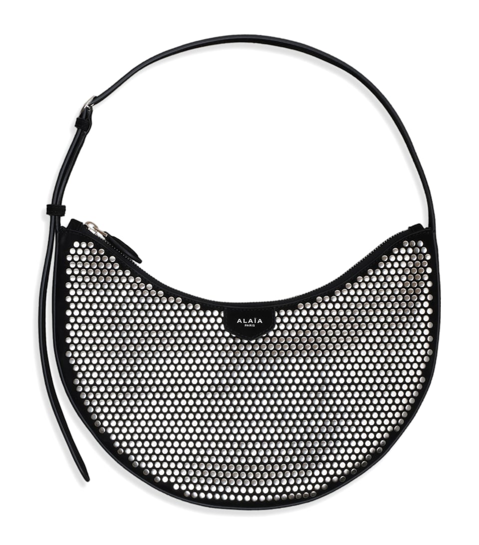 Alaïa Small Suede Studded One Piece Demi Lune Shoulder Bag Black