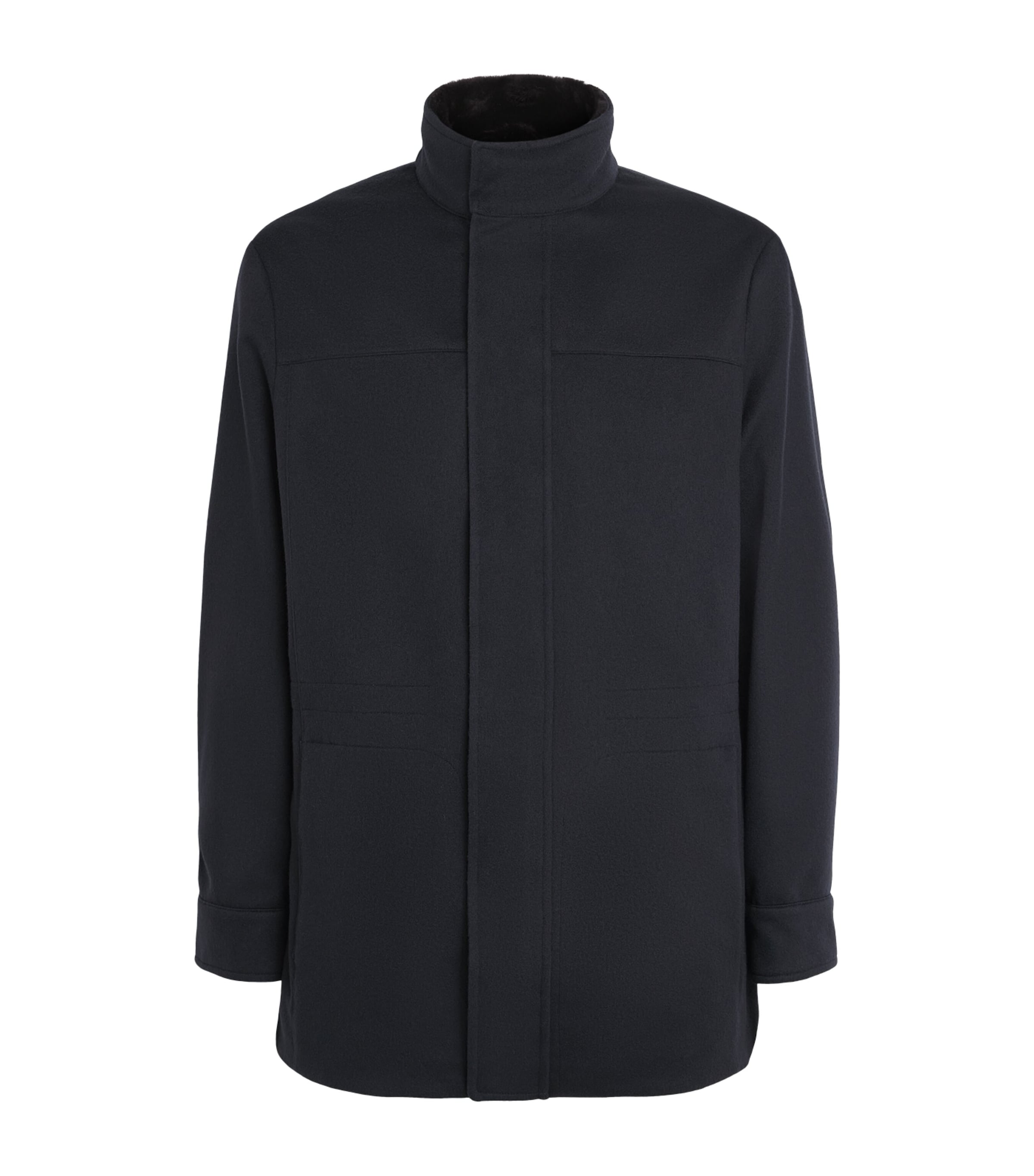 Canali Mens Virgin Wool Fur-Collar Overcoat