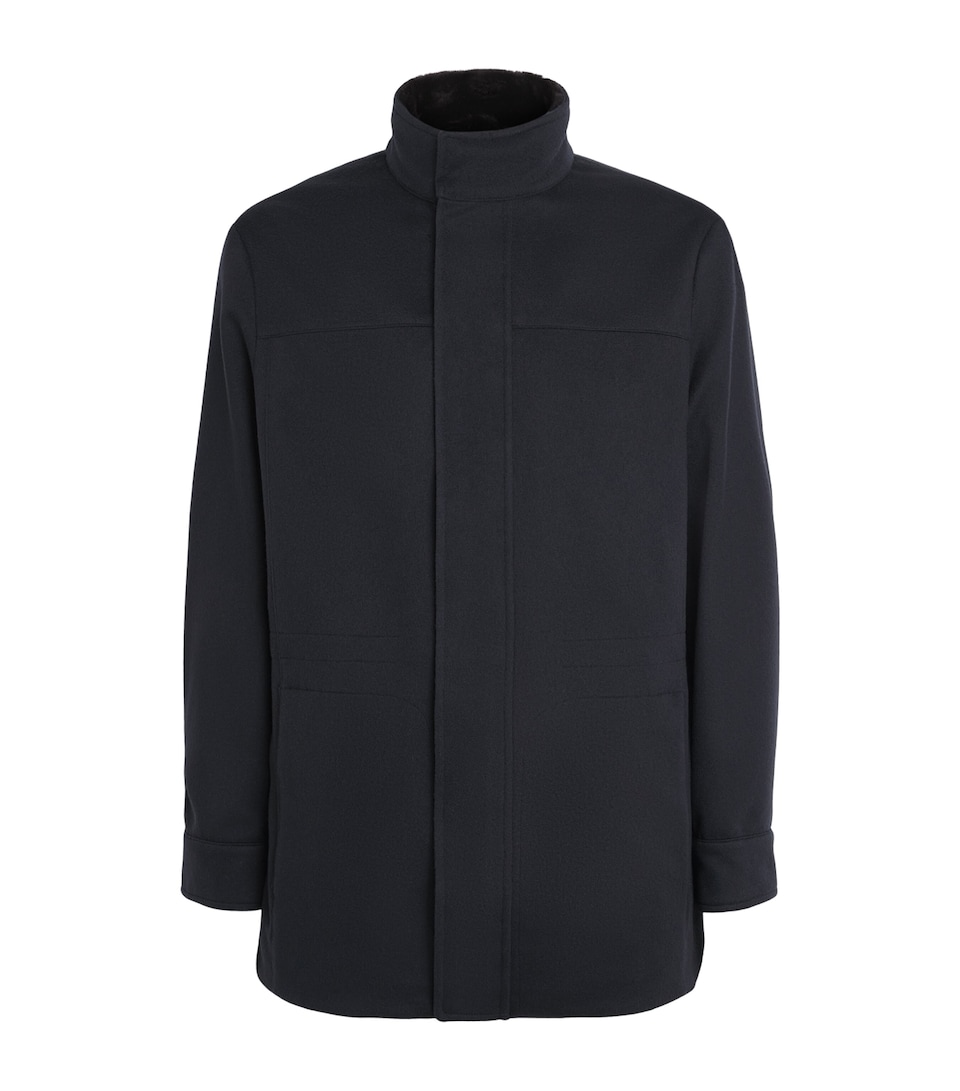 Canali Mens Virgin Wool Fur-Collar Overcoat