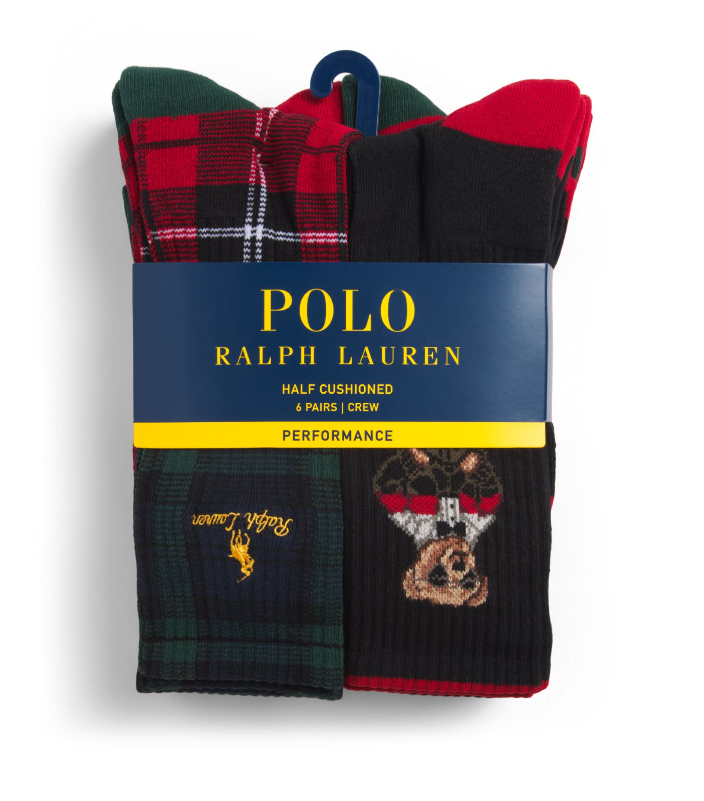 Polo Ralph Lauren Mens Royal Holiday Bear Performance Ankle Socks (Pack of 6) Royal Red Multi