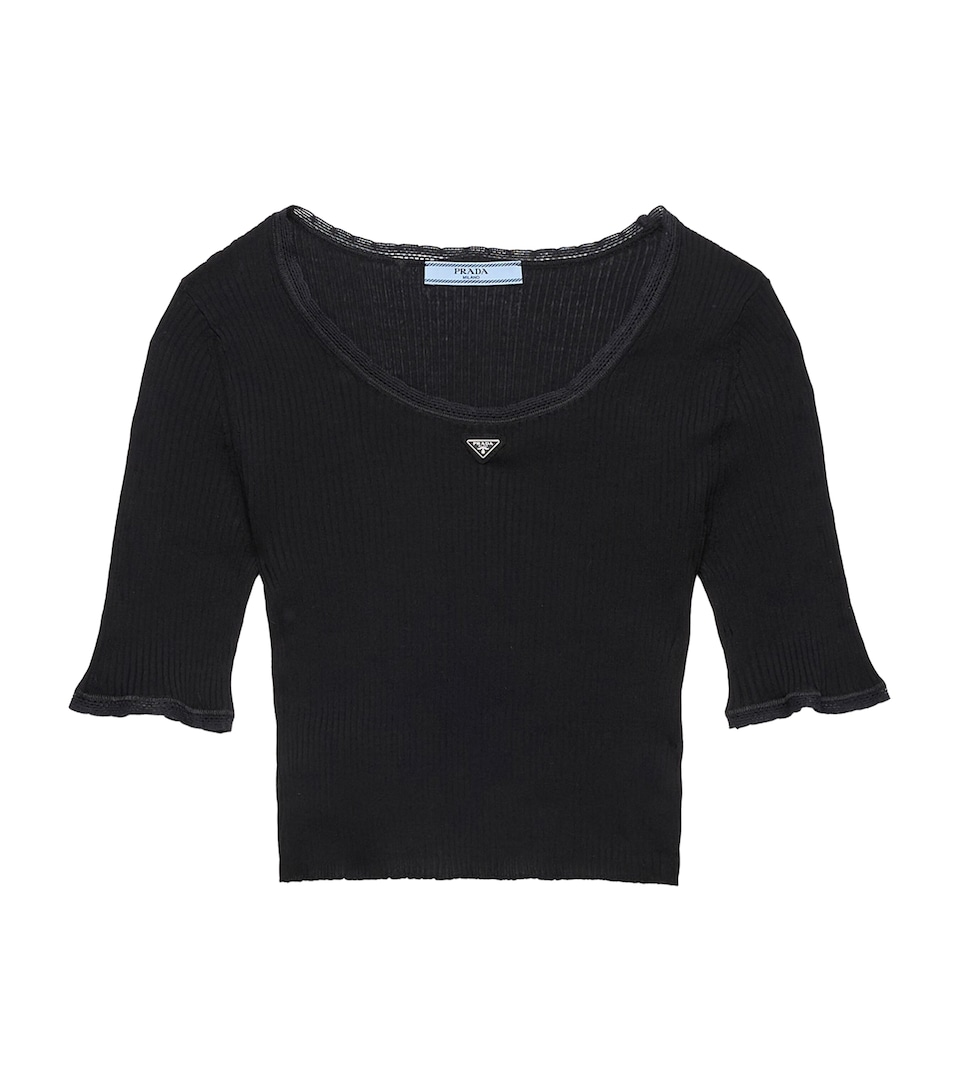 Prada Womens Cotton Short-Sleeve Crop Top Black