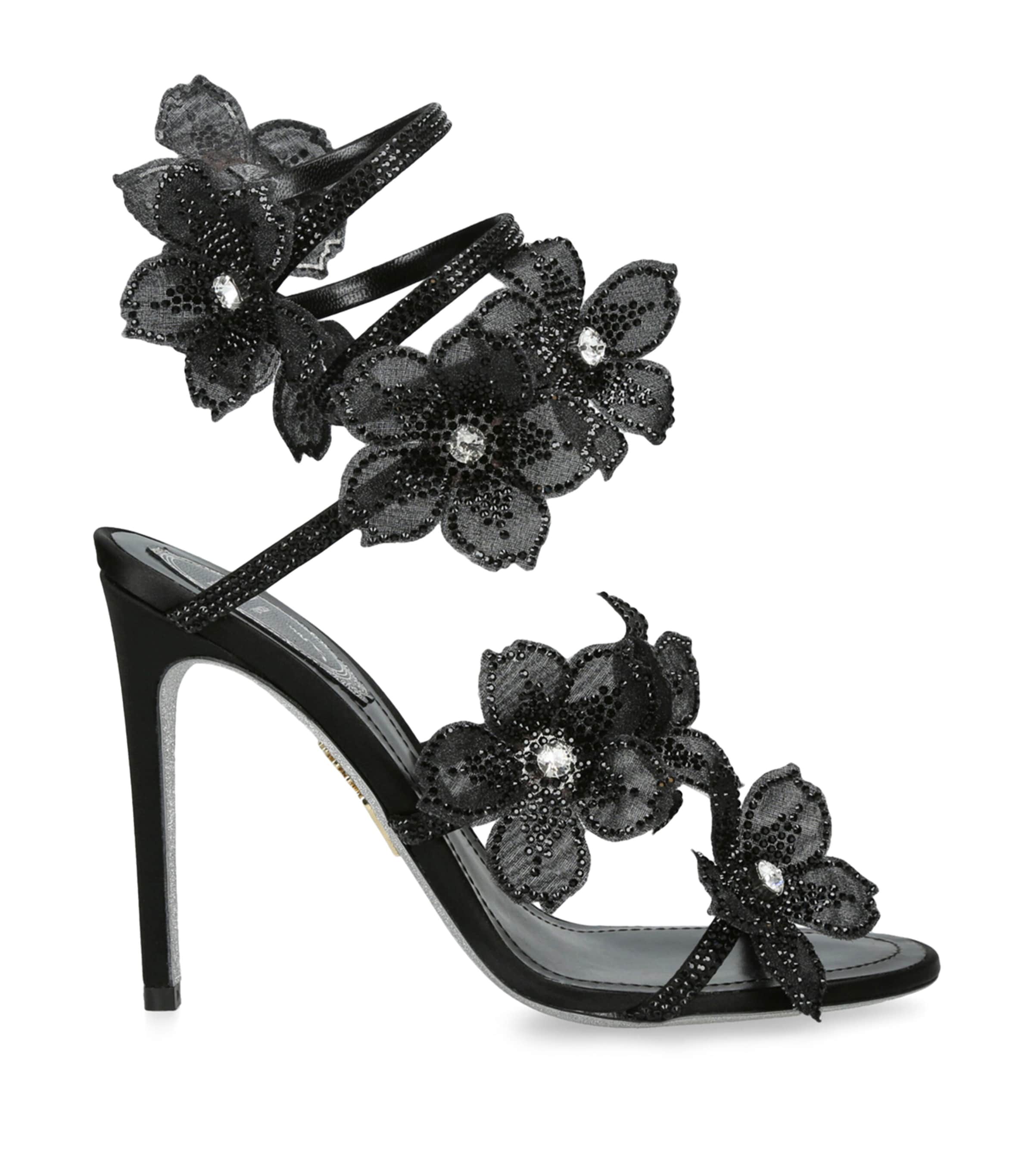 René Caovilla Satin Floral Cleo Sandals 105 Black