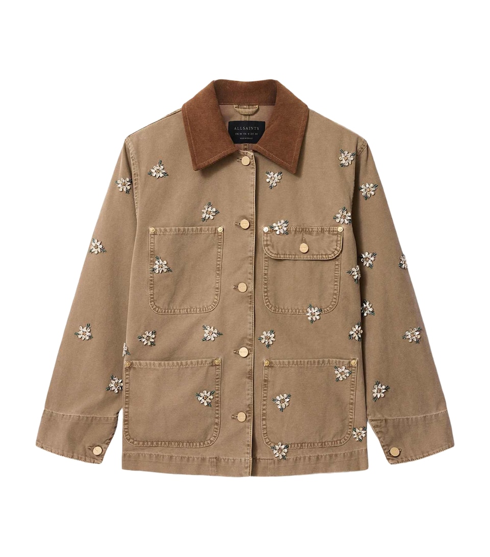 AllSaints Womens Denim Embroidered Bex Jacket Vintage Sand Brown