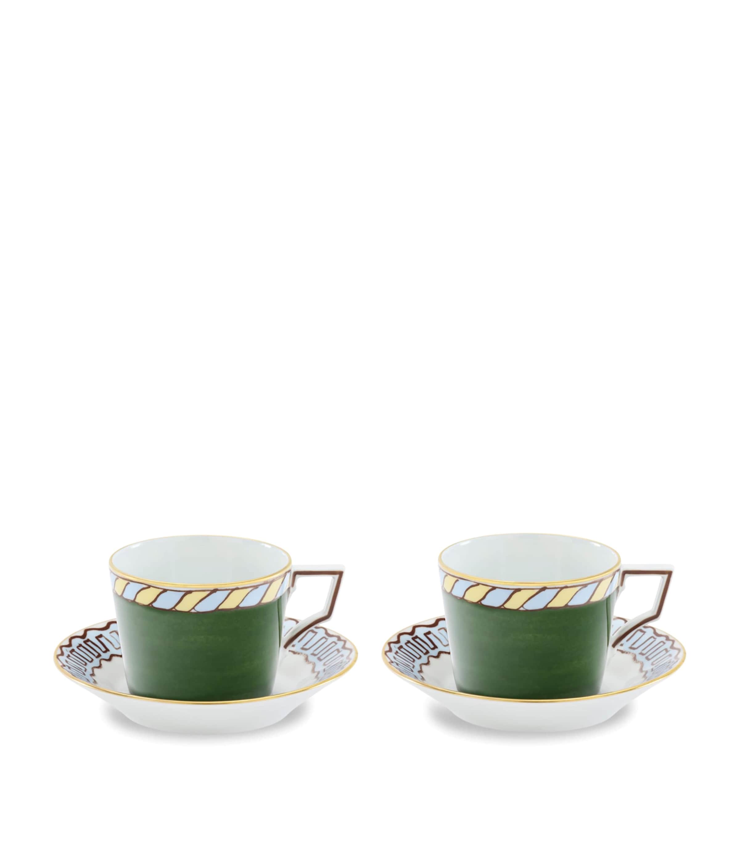 Set of 2 Porcelain Il Viaggio di Nettuno Teacups and Saucers