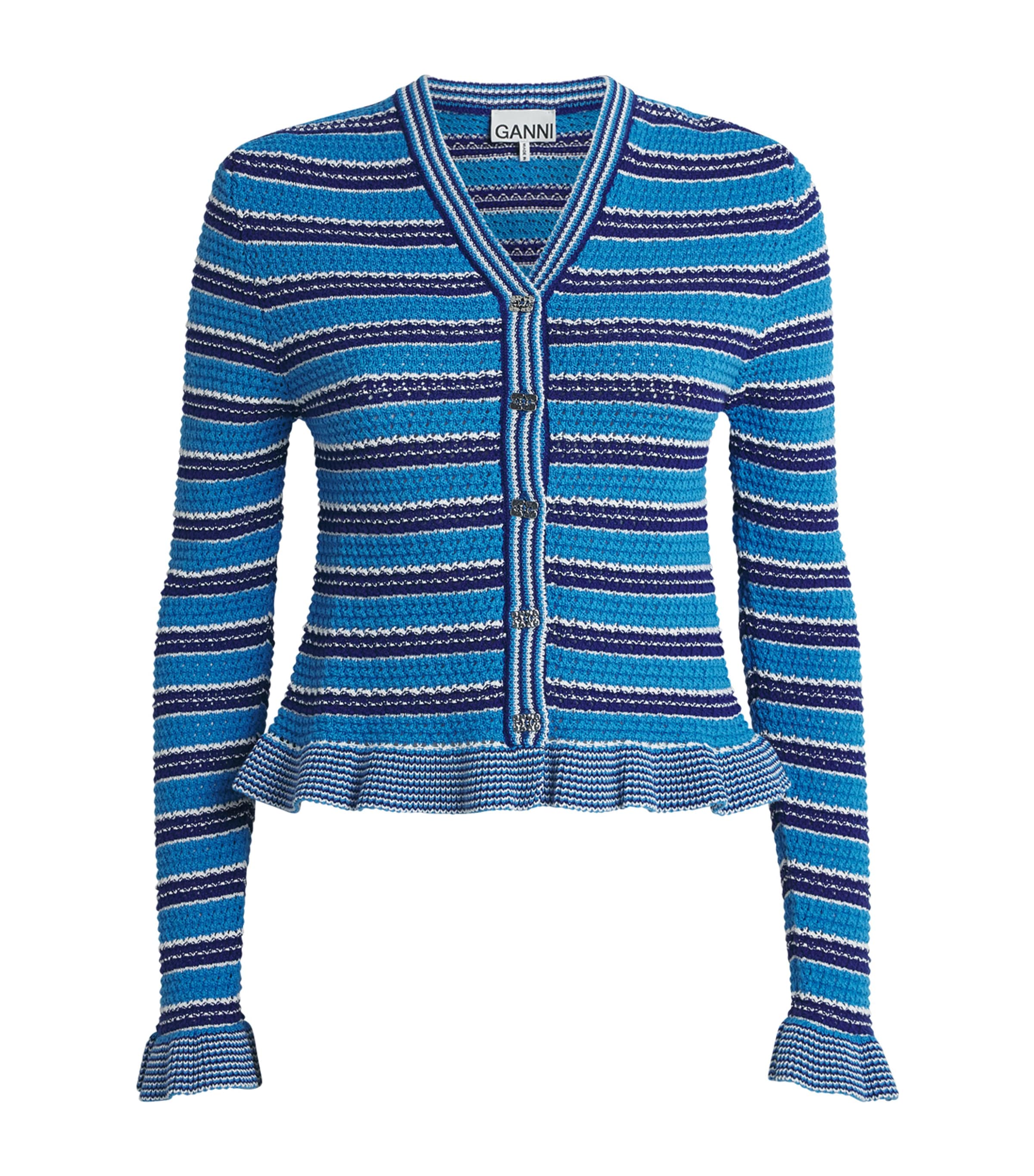 GANNI Womens Cotton Stripe Cropped Cardigan Marina