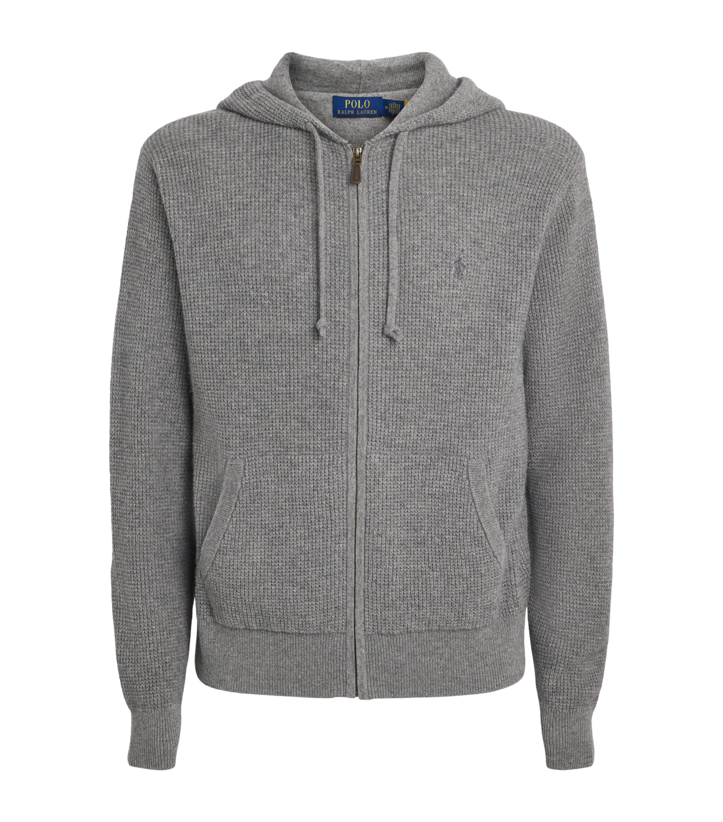 Polo Ralph Lauren Mens Wool-Cotton Waffle-Knit Zip-Up Hoodie Fawn Grey Heather