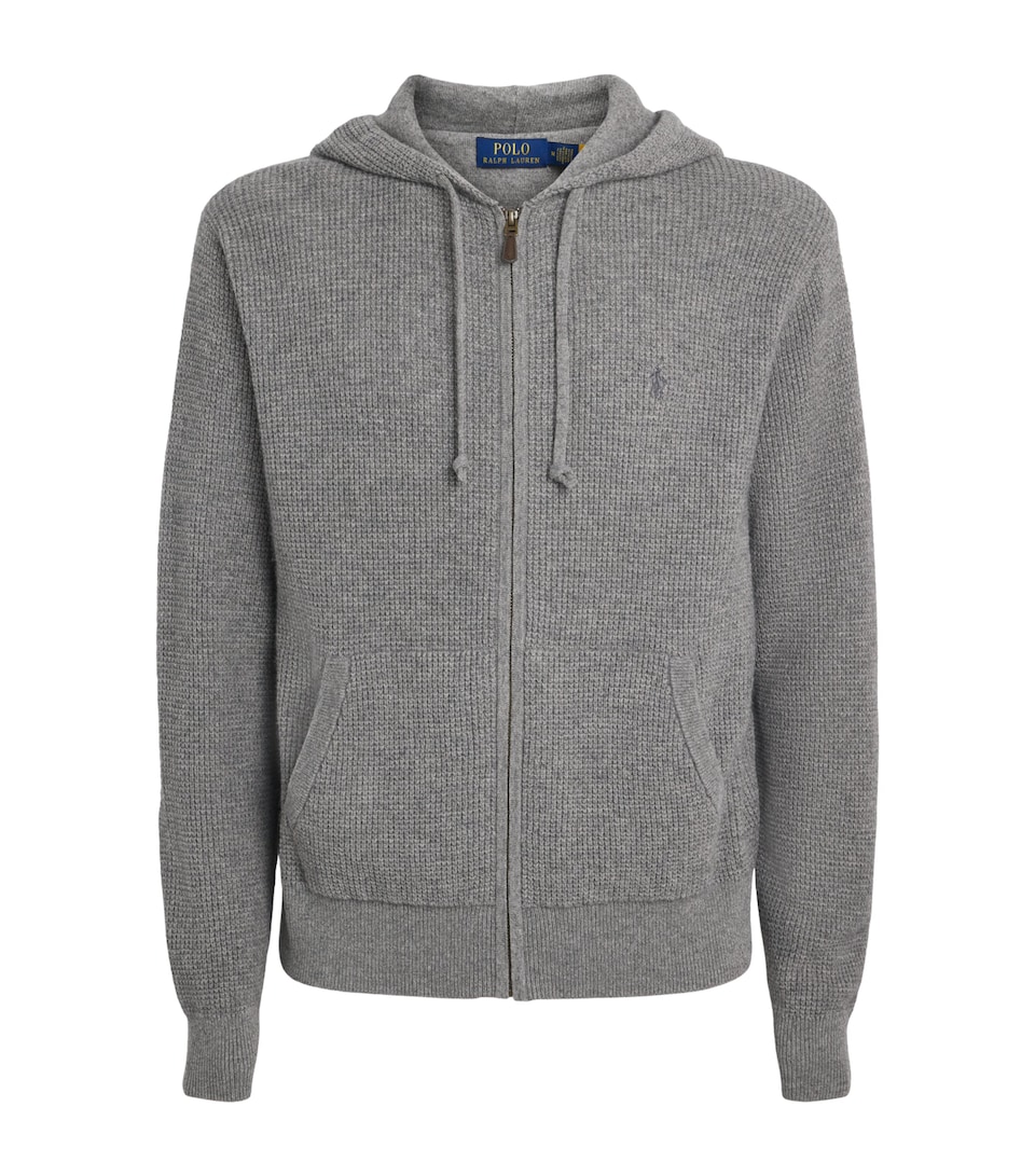 Polo Ralph Lauren Mens Wool-Cotton Waffle-Knit Zip-Up Hoodie Fawn Grey Heather