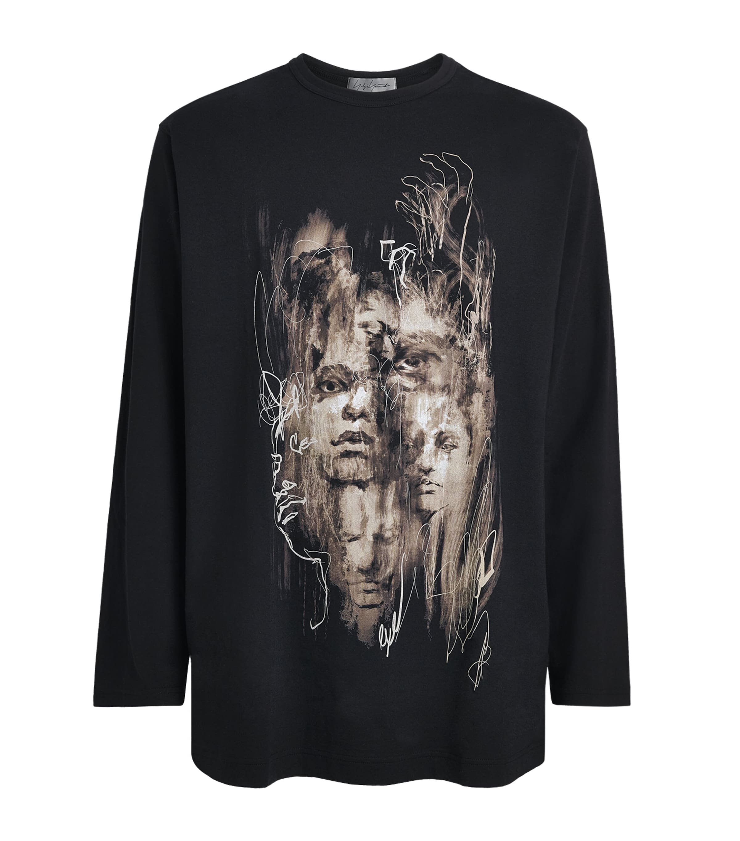 Yohji Yamamoto Mens Cotton Printed Long-Sleeve T-Shirt Black