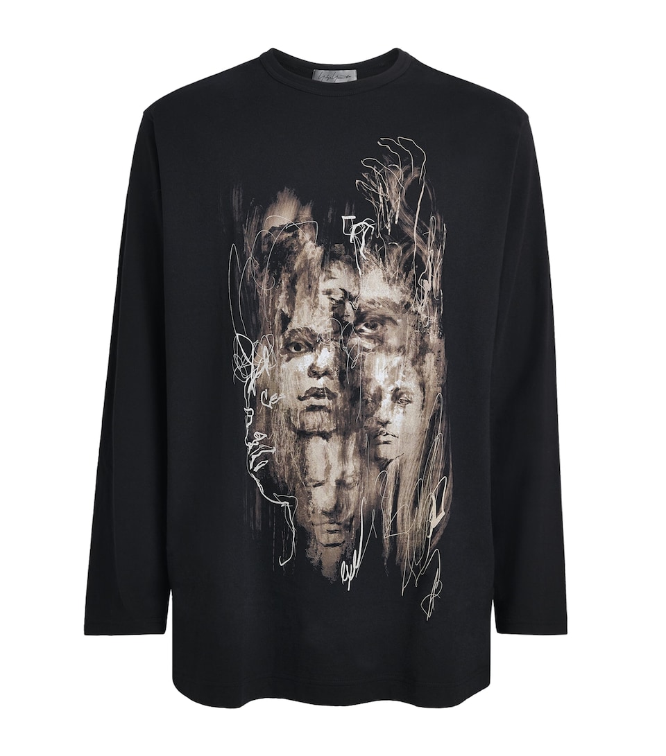 Yohji Yamamoto Mens Cotton Printed Long-Sleeve T-Shirt Black