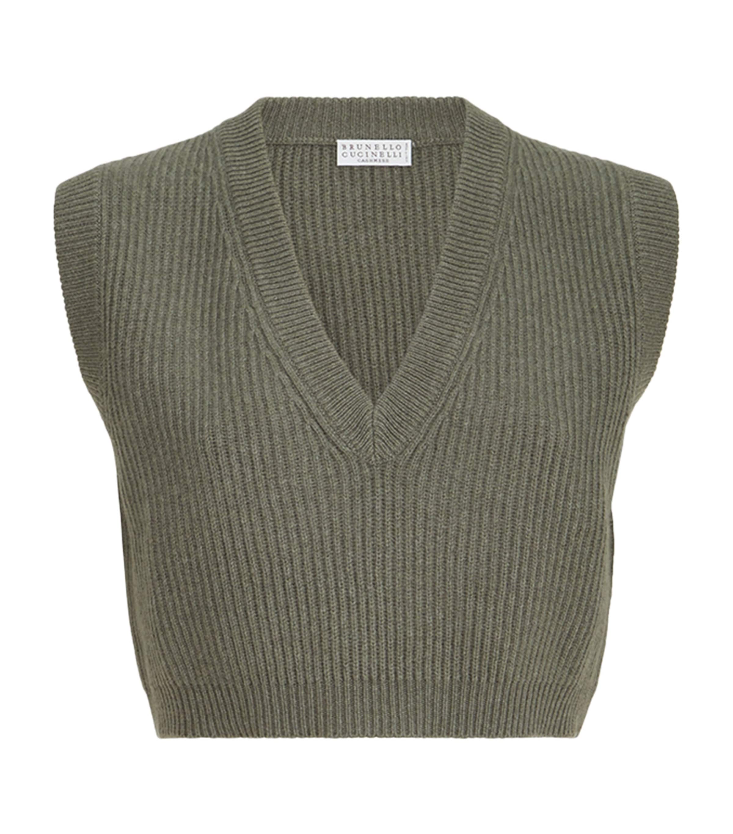 Brunello Cucinelli Womens Cashmere Rib-Knit Cropped Sweater Vest Dark Green