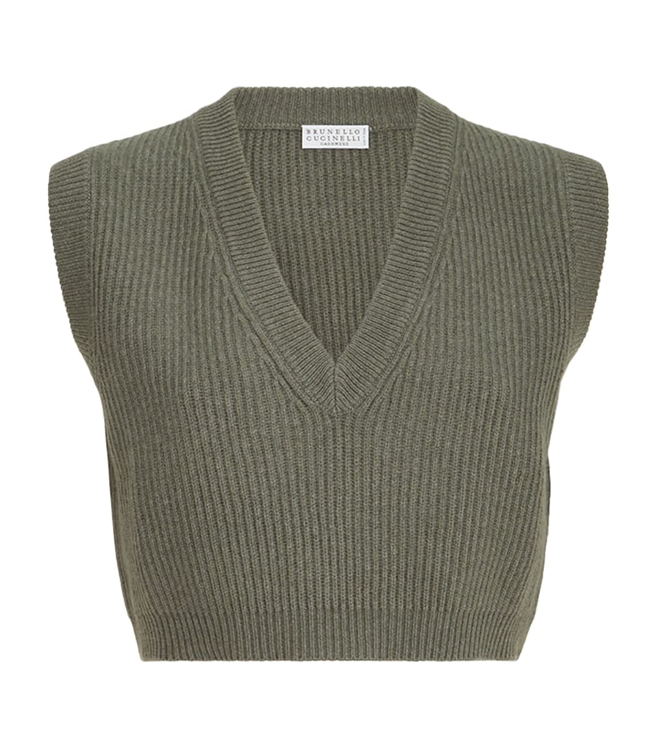 Brunello Cucinelli Womens Cashmere Rib-Knit Cropped Sweater Vest Dark Green