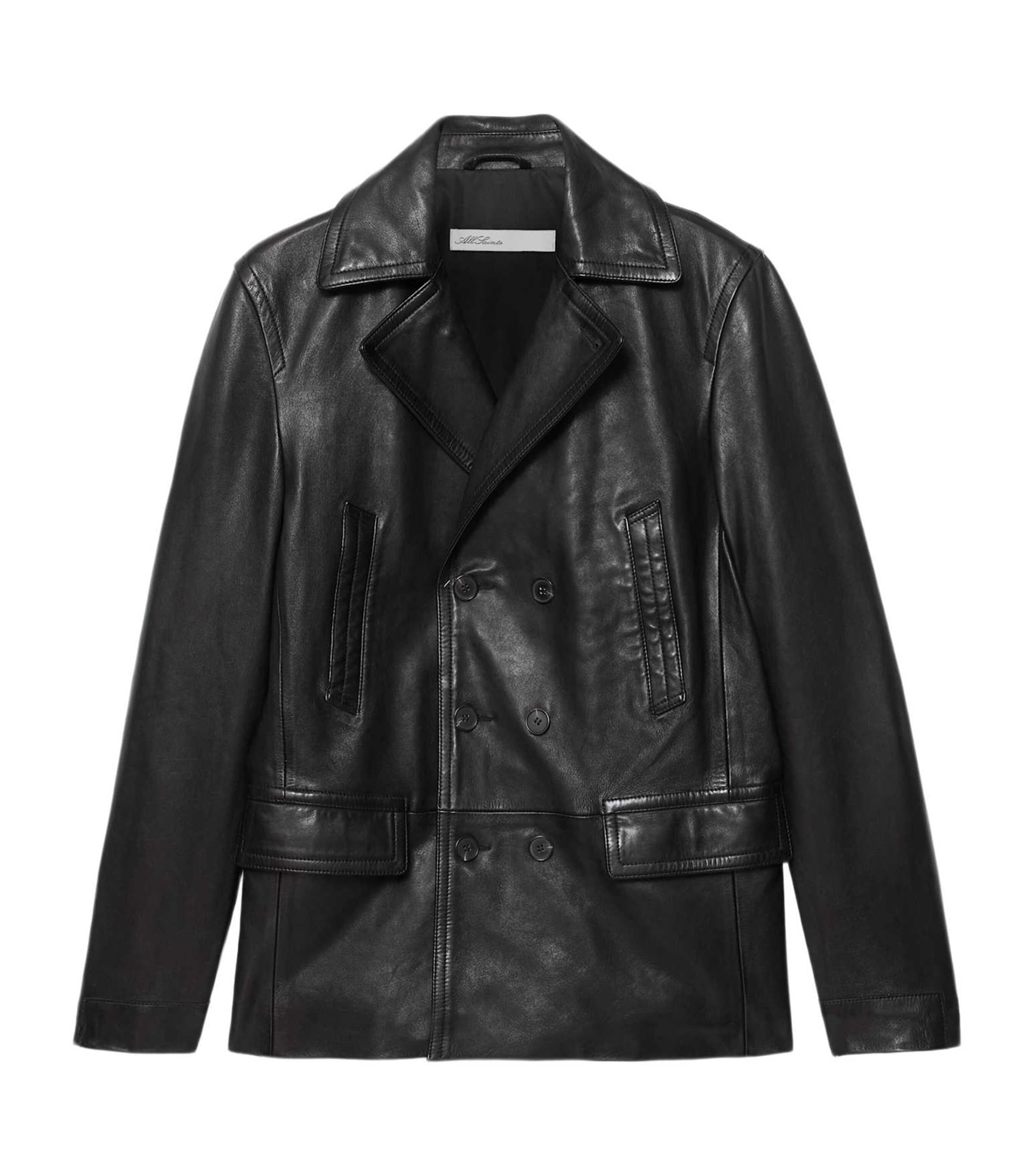 AllSaints Mens Leather Tilson Pea Coat Black