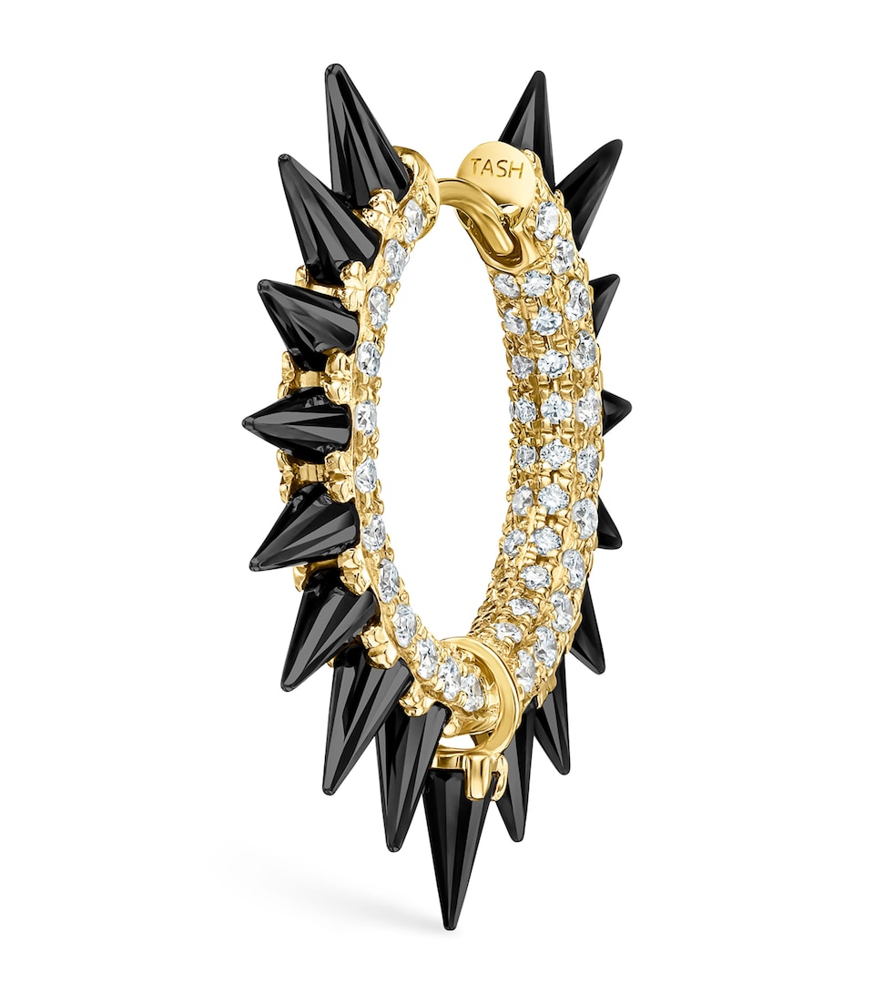 Yellow Gold Black Moissanite Mohawk and Diamond Pavé Hoop Earring (11mm)