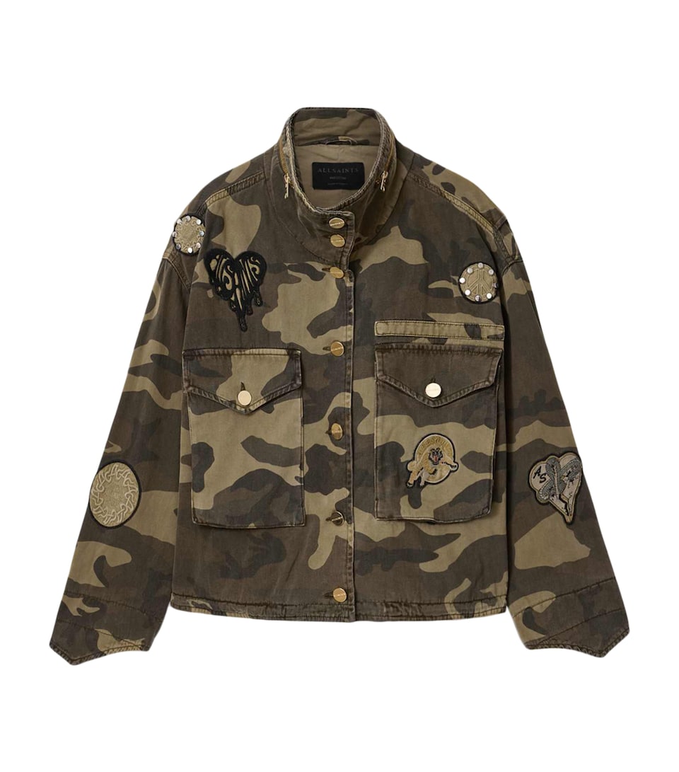 AllSaints Womens Organic Cotton Clay Patch Jacket Camo Green