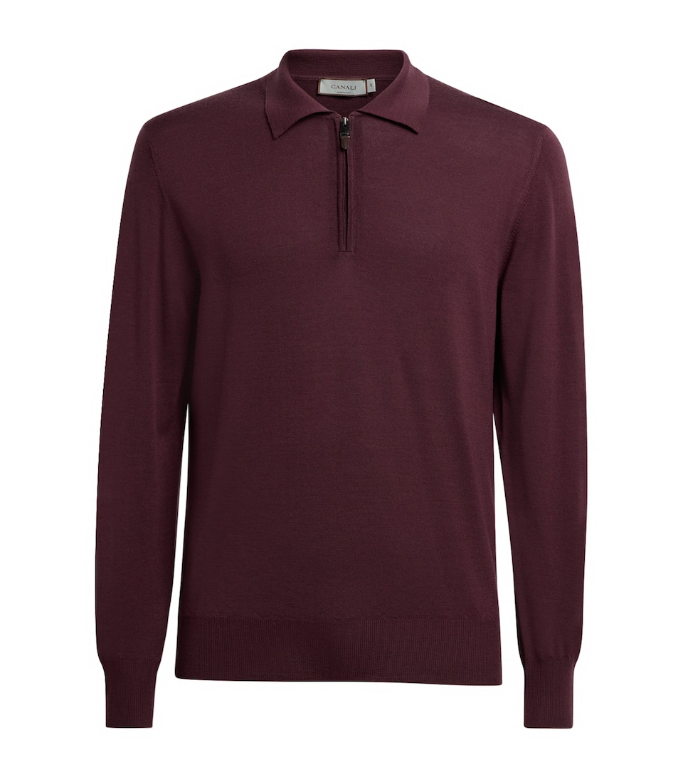 Canali Mens Wool Quarter-Zip Polo Sweater Red