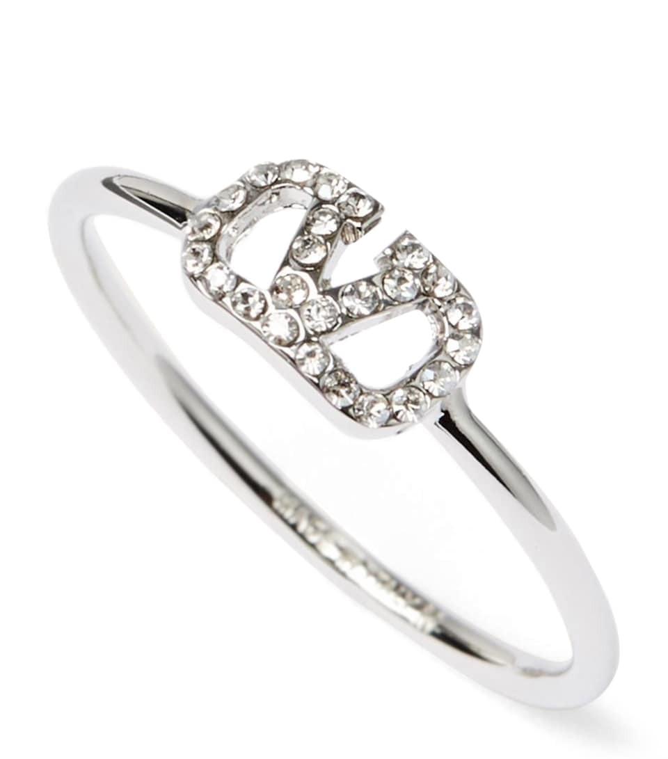 Silver-Tone Embellished VLogo Ring