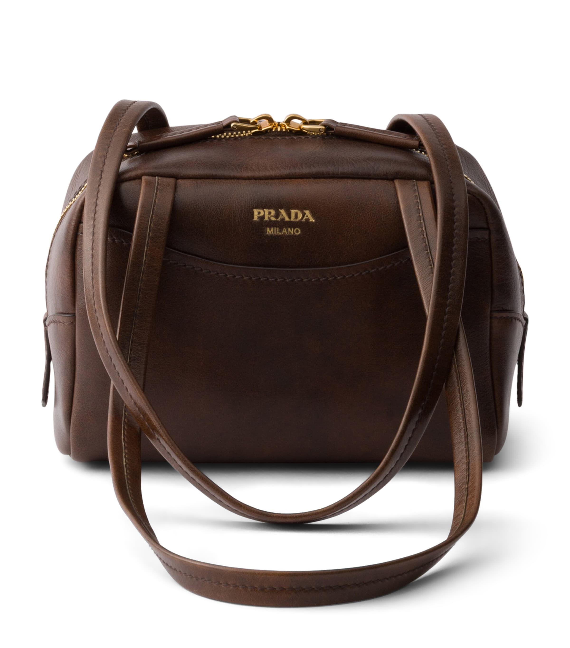 Prada Mini Antique Leather Carry Top-Handle Bag Brown