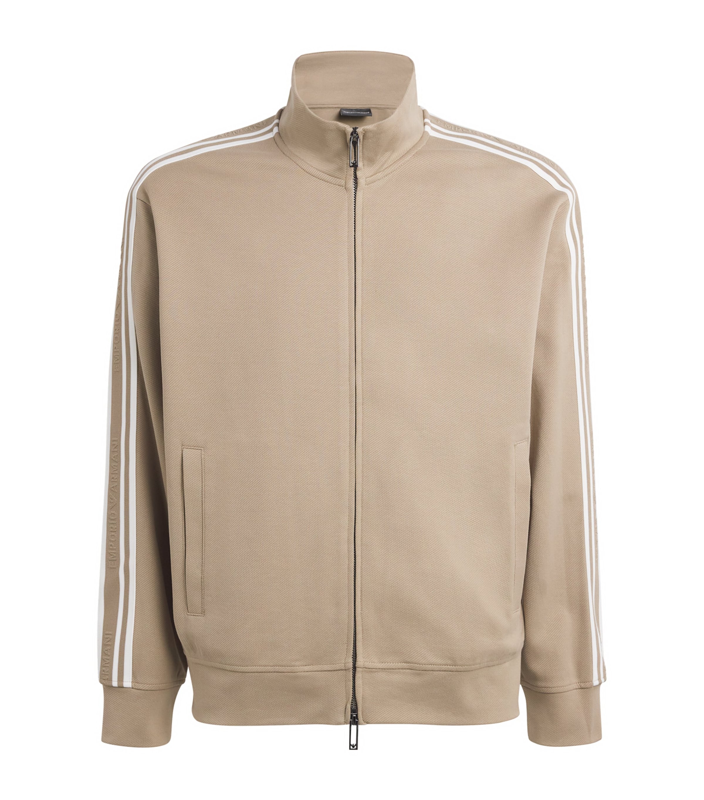 【EMPORIO ARMANI】 Men's Zigzag Embroidered Hoodie: ★ Beige Emporio Armani Velour-Trim Zip-Up Hoodie | Harrods US
