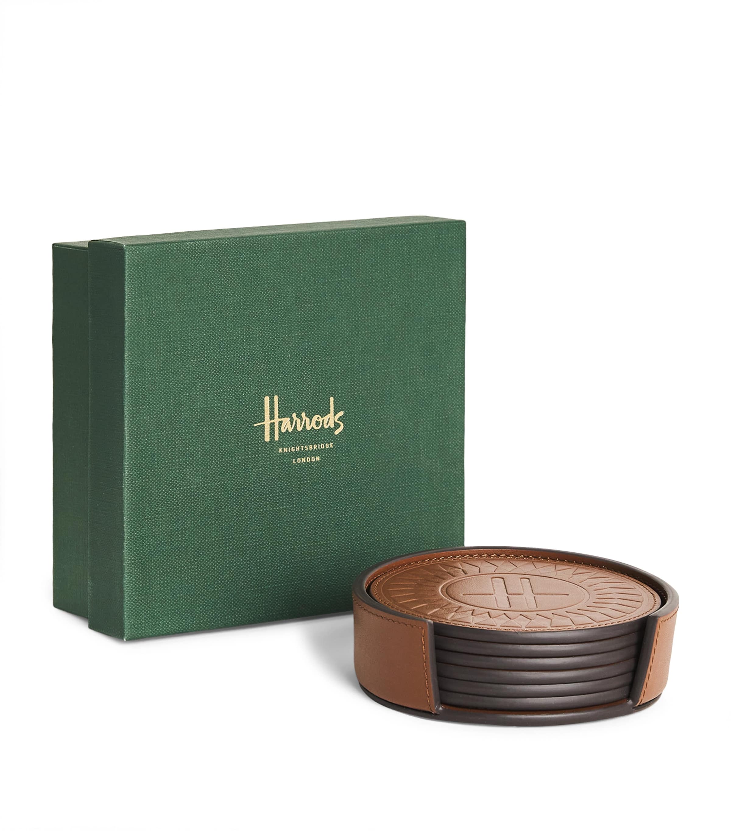 Harrods Logo Leather Coasters (Set of 4) Tan