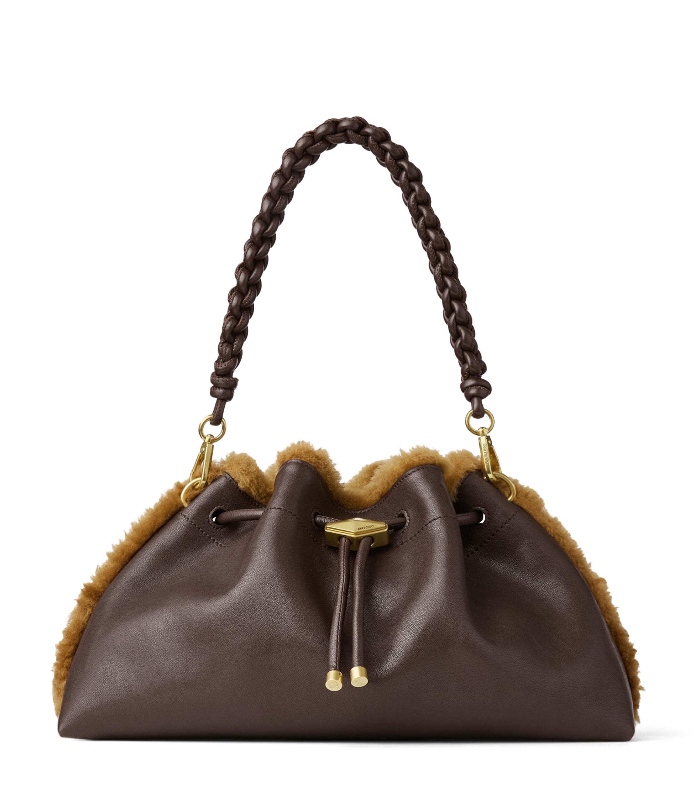Jimmy Choo Leather Shearling-Trim Bon Bon Shoulder Bag Chocolate/teddy/gold