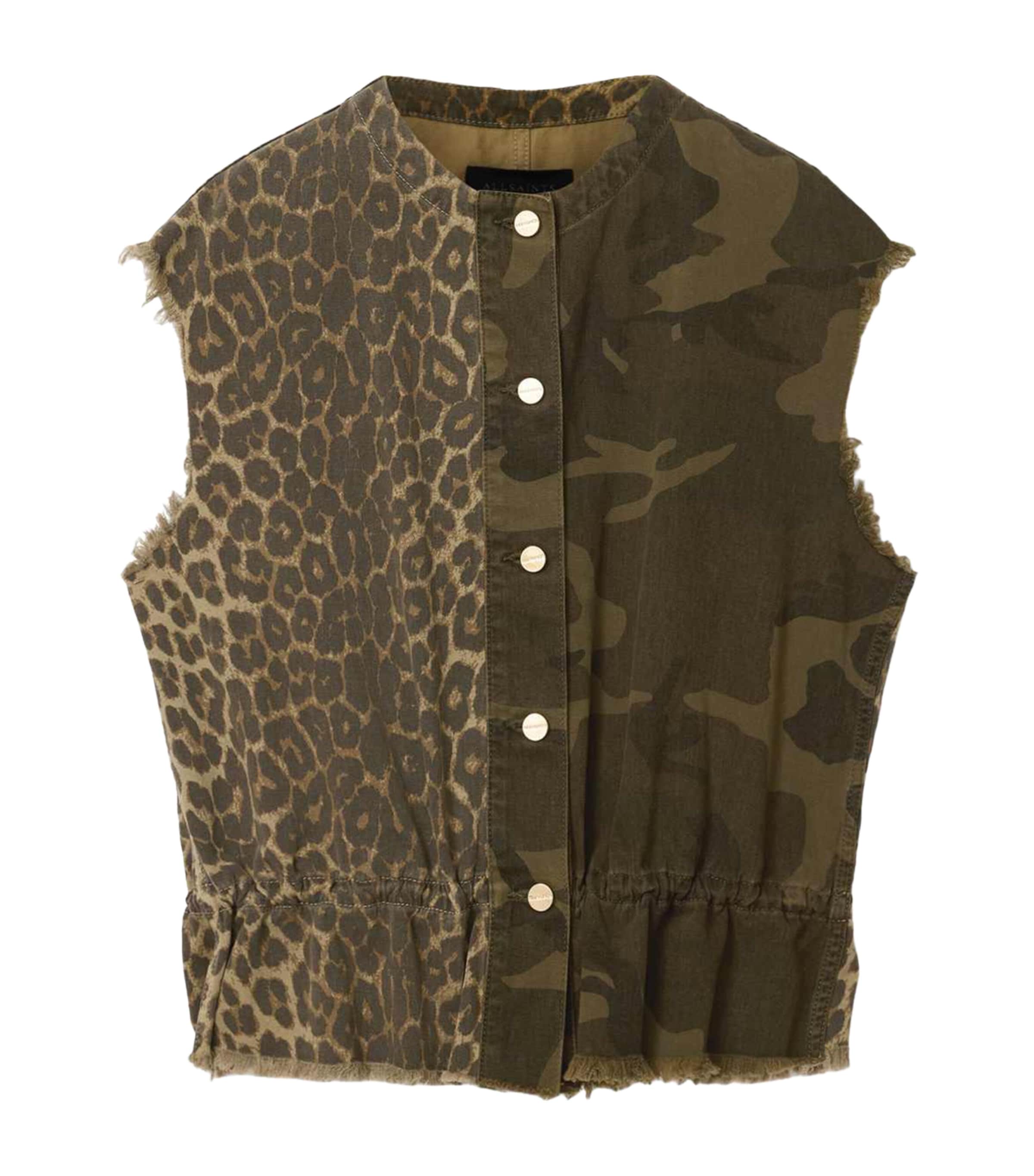 AllSaints Womens Mixed Print Denim Waistcoat Camo Leppo Green