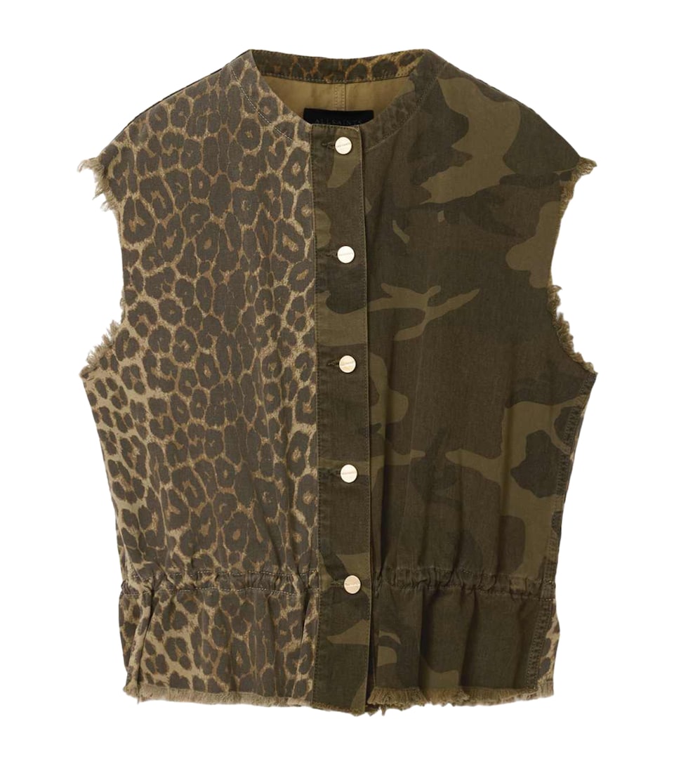AllSaints Womens Mixed Print Denim Waistcoat Camo Leppo Green