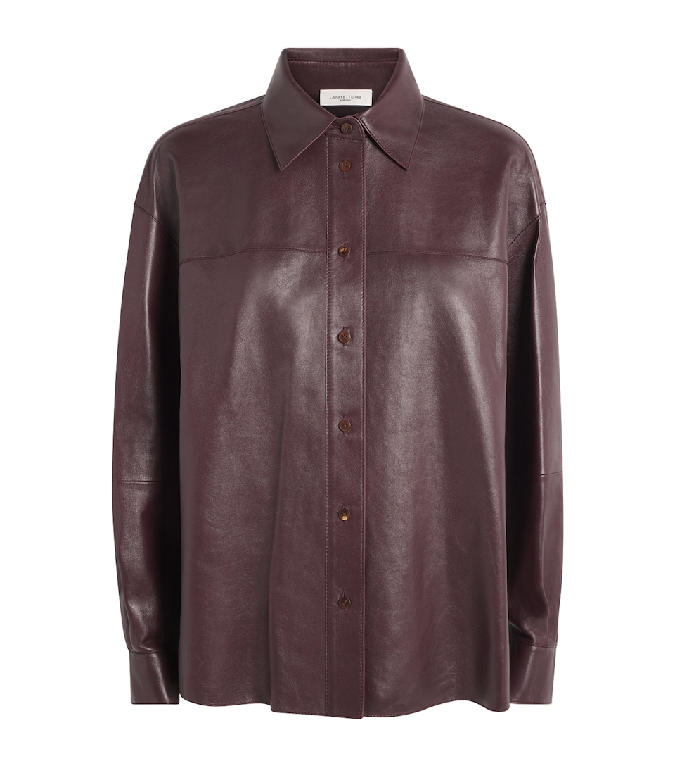 Lafayette 148 Womens Leather Oversized Cropped Shirt Aubergine