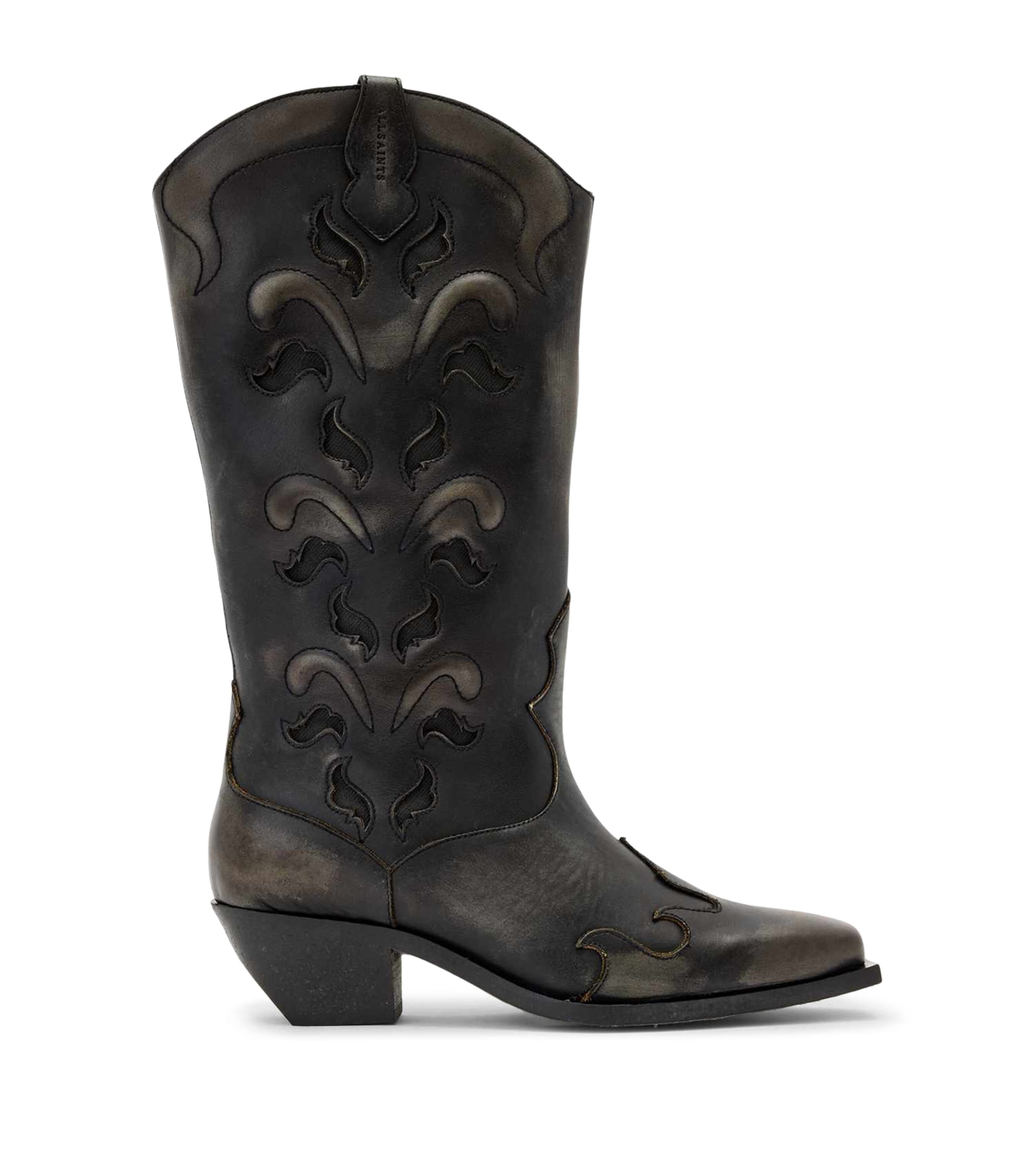 AllSaints Leather Dolly Cowboy Boots 47 Etch Dark Brown
