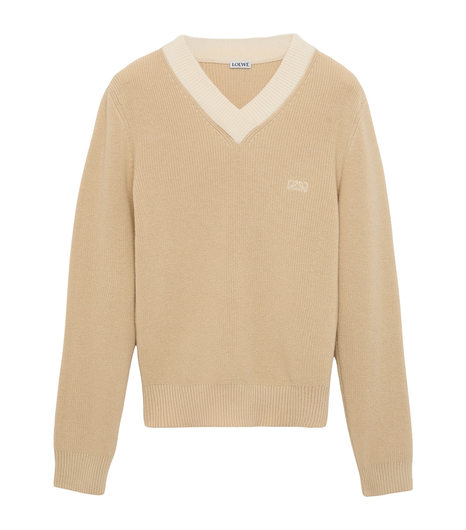 LOEWE Womens Cotton-Wool V-Neck Sweater Beige/white