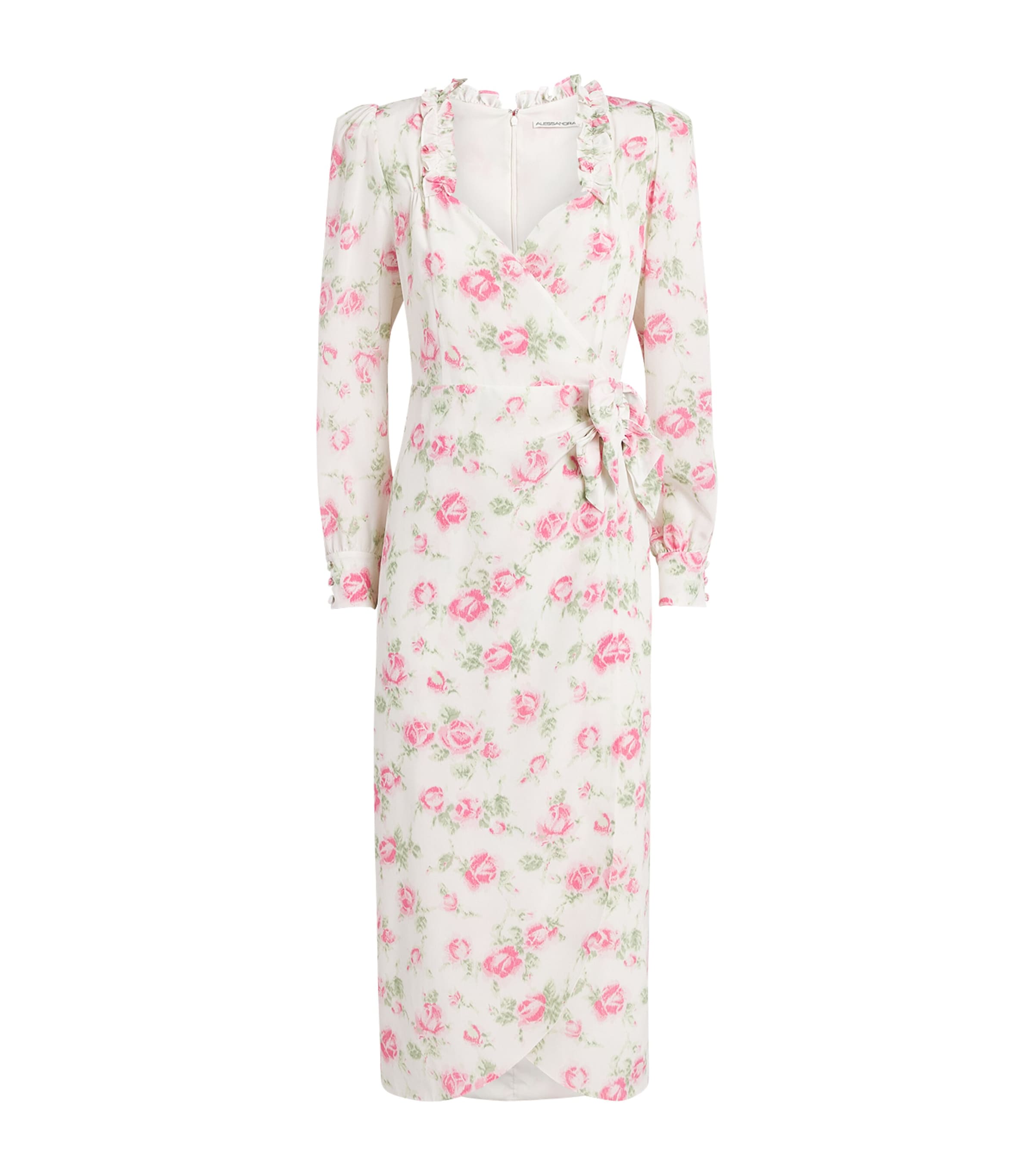 Alessandra Rich Womens Silk Floral Bow-Detail Midi Dress Pink White