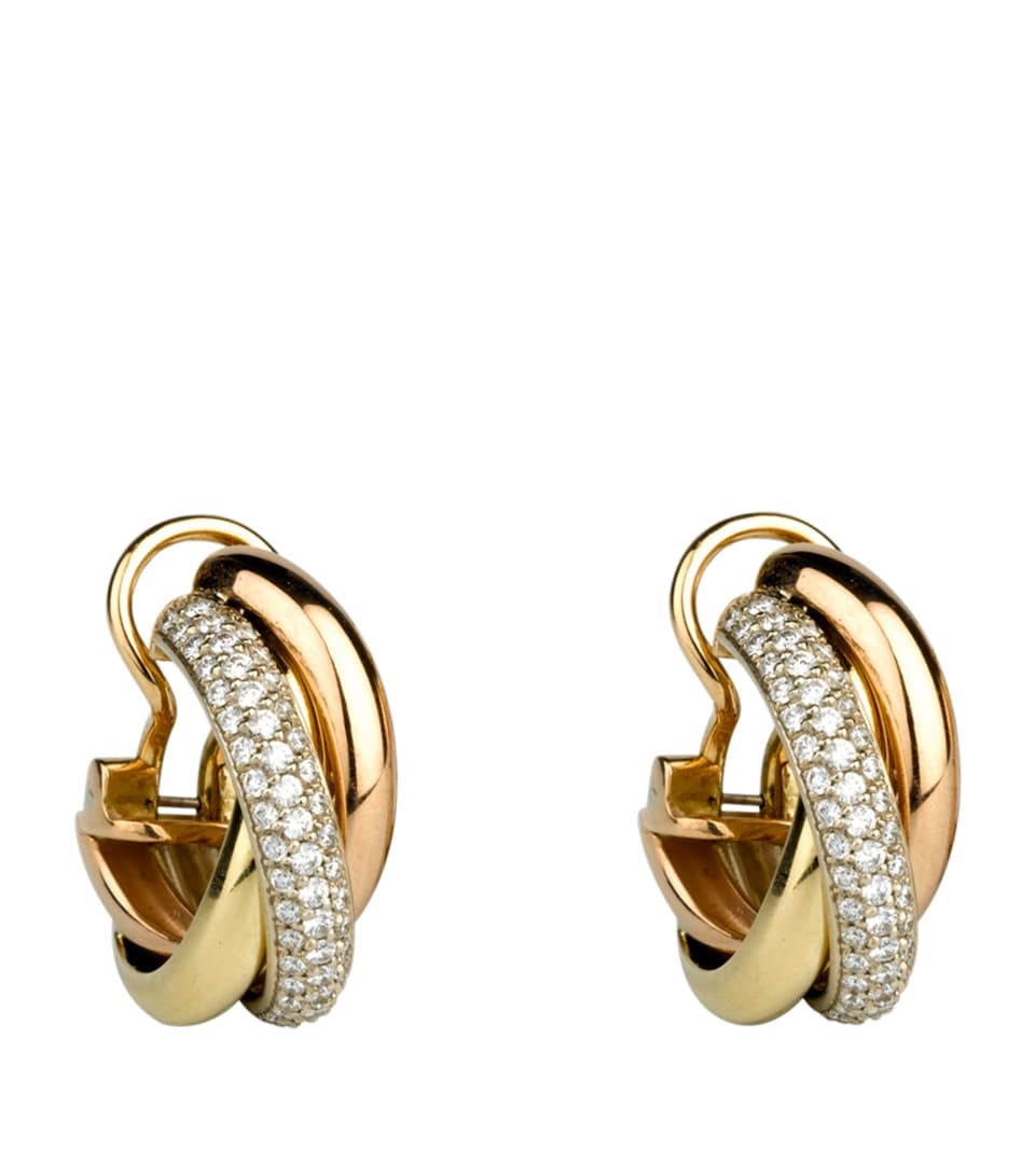 White, Yellow, Rose Gold and Diamond Trinity Hoop Earrings