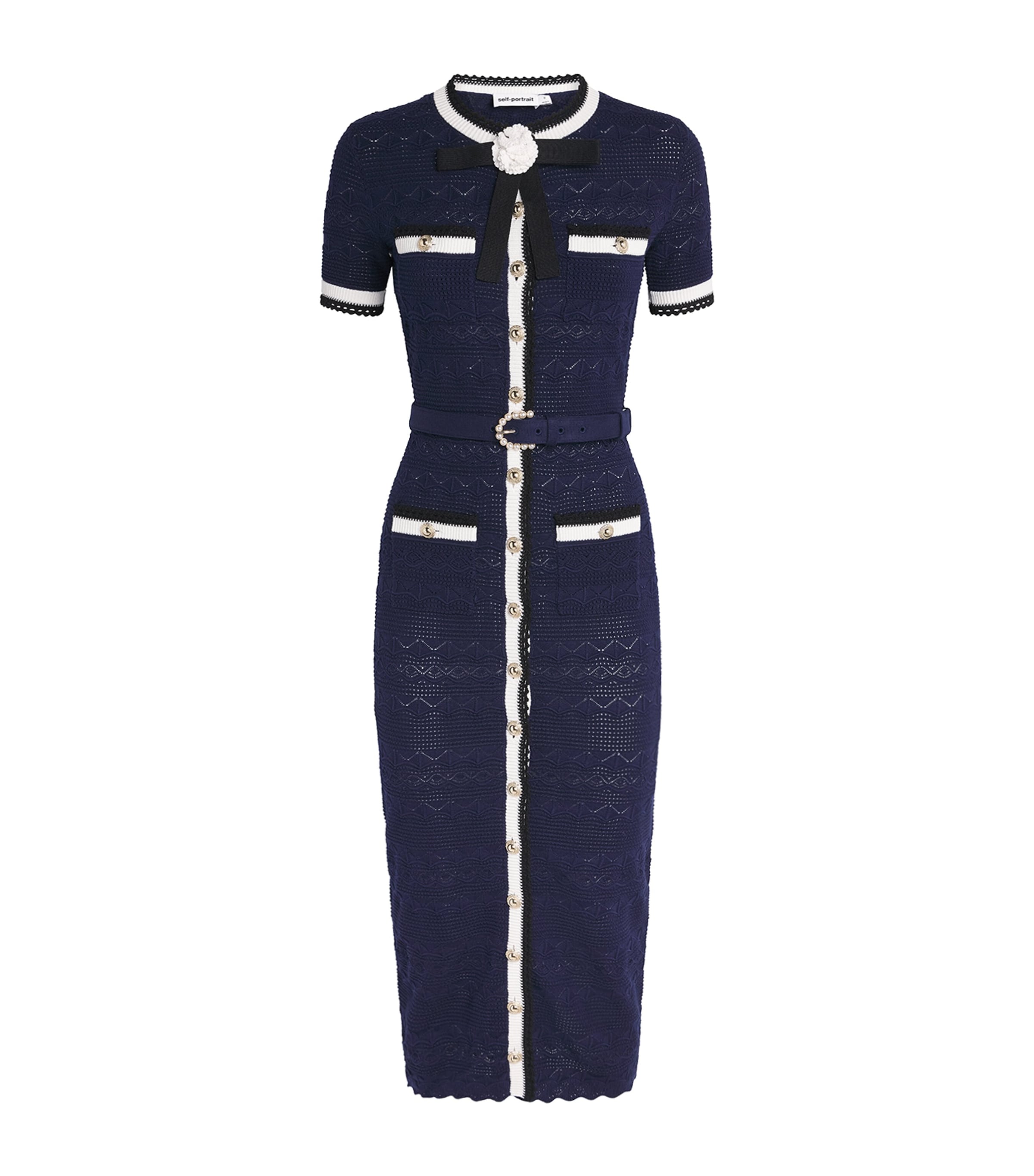 Self-Portrait Womens Knitted Belt Midi Dress Navy