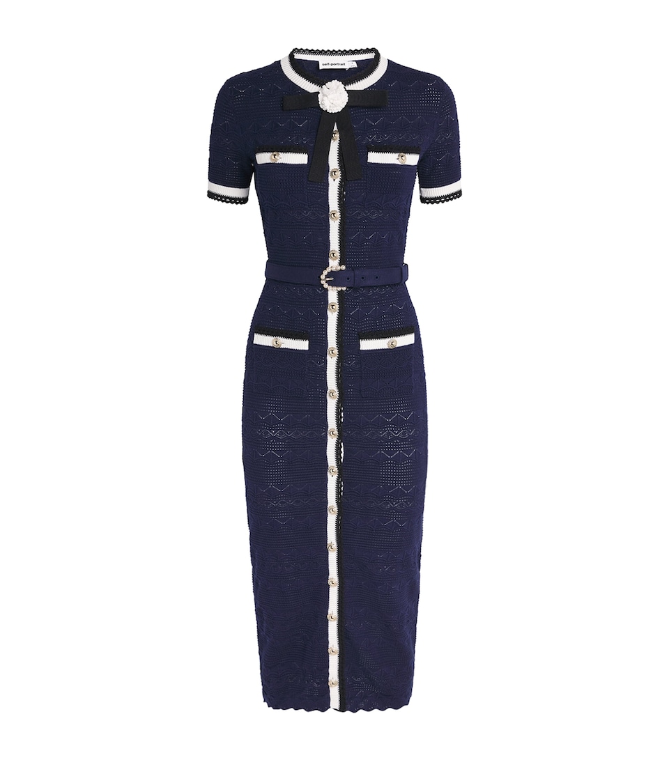 Self-Portrait Womens Knitted Belt Midi Dress Navy