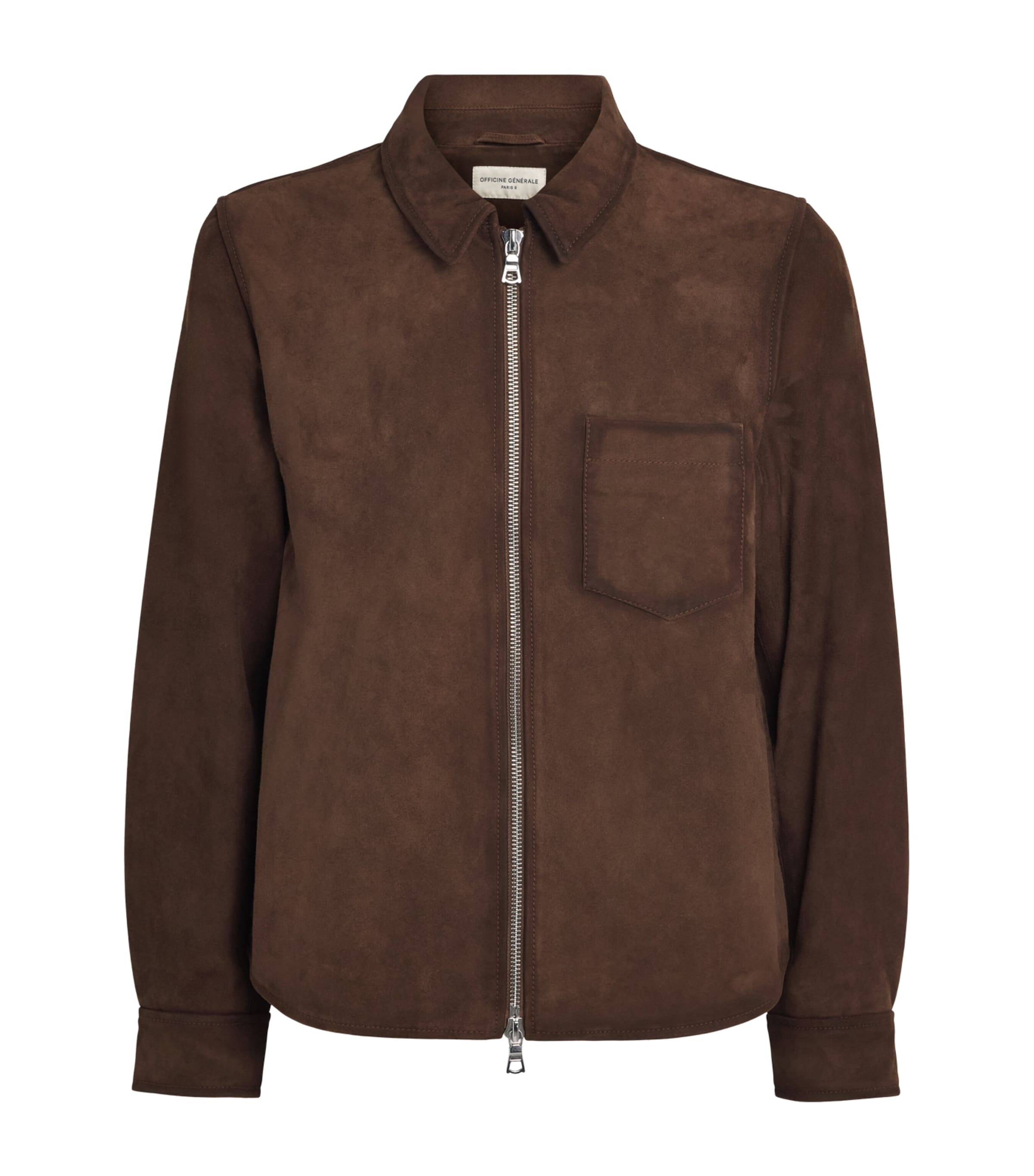 Officine Generale Mens Suede Zip-Up Overshirt Light Chocolate