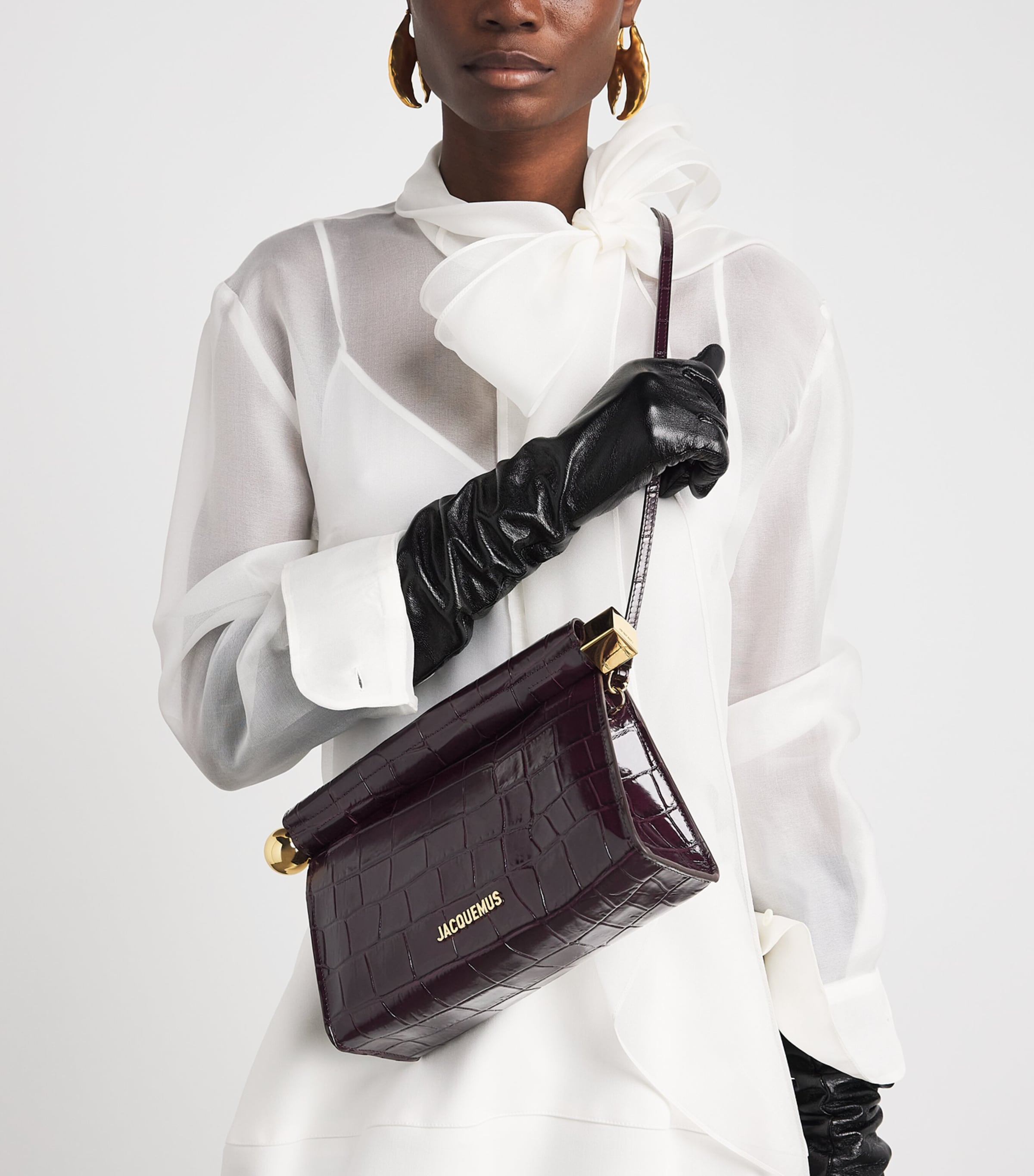 Jacquemus Croc-Embossed Leather The Rond Carré Clutch Bag Dark Burgundy