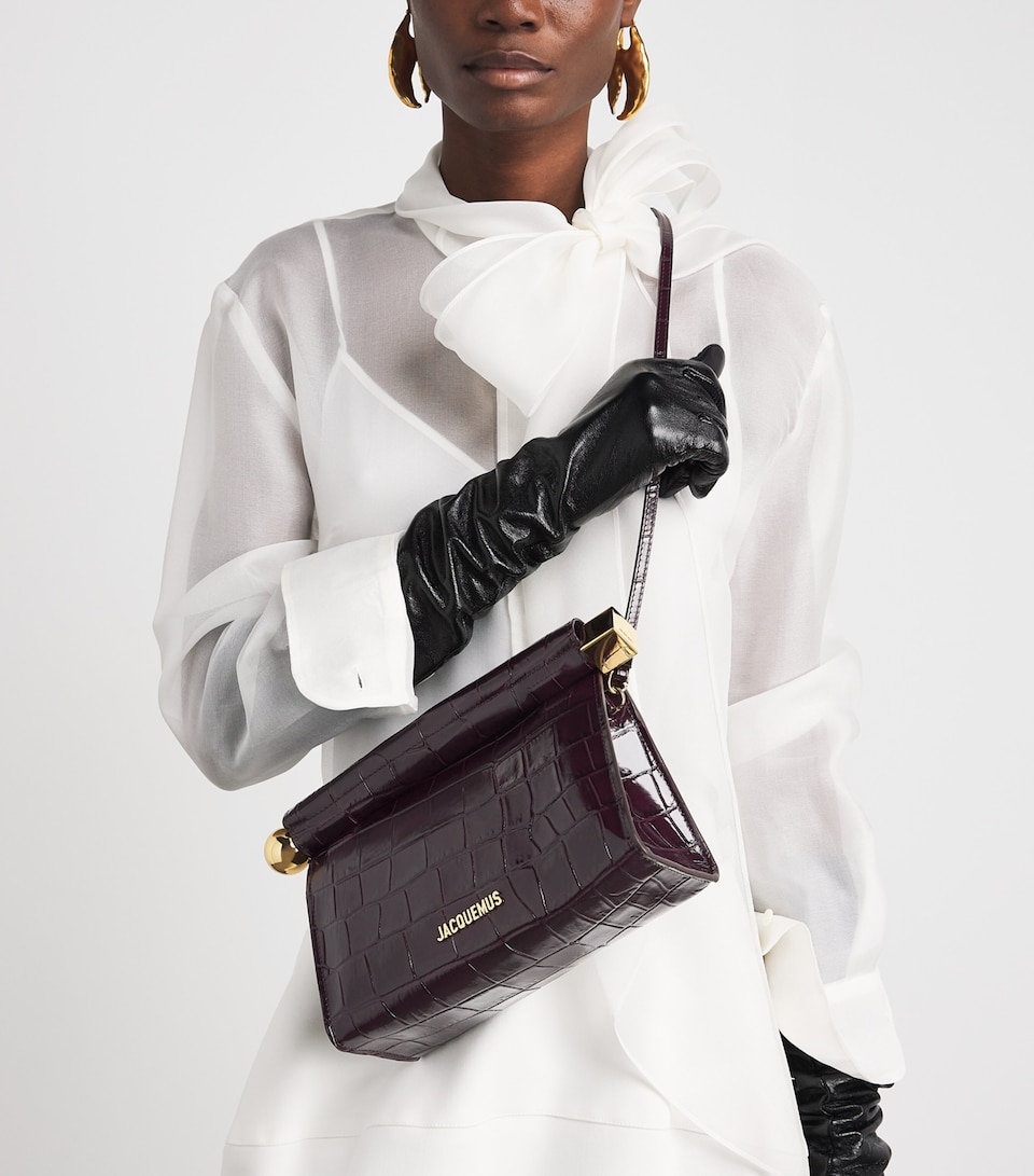 Jacquemus Croc-Embossed Leather The Rond Carré Clutch Bag Dark Burgundy