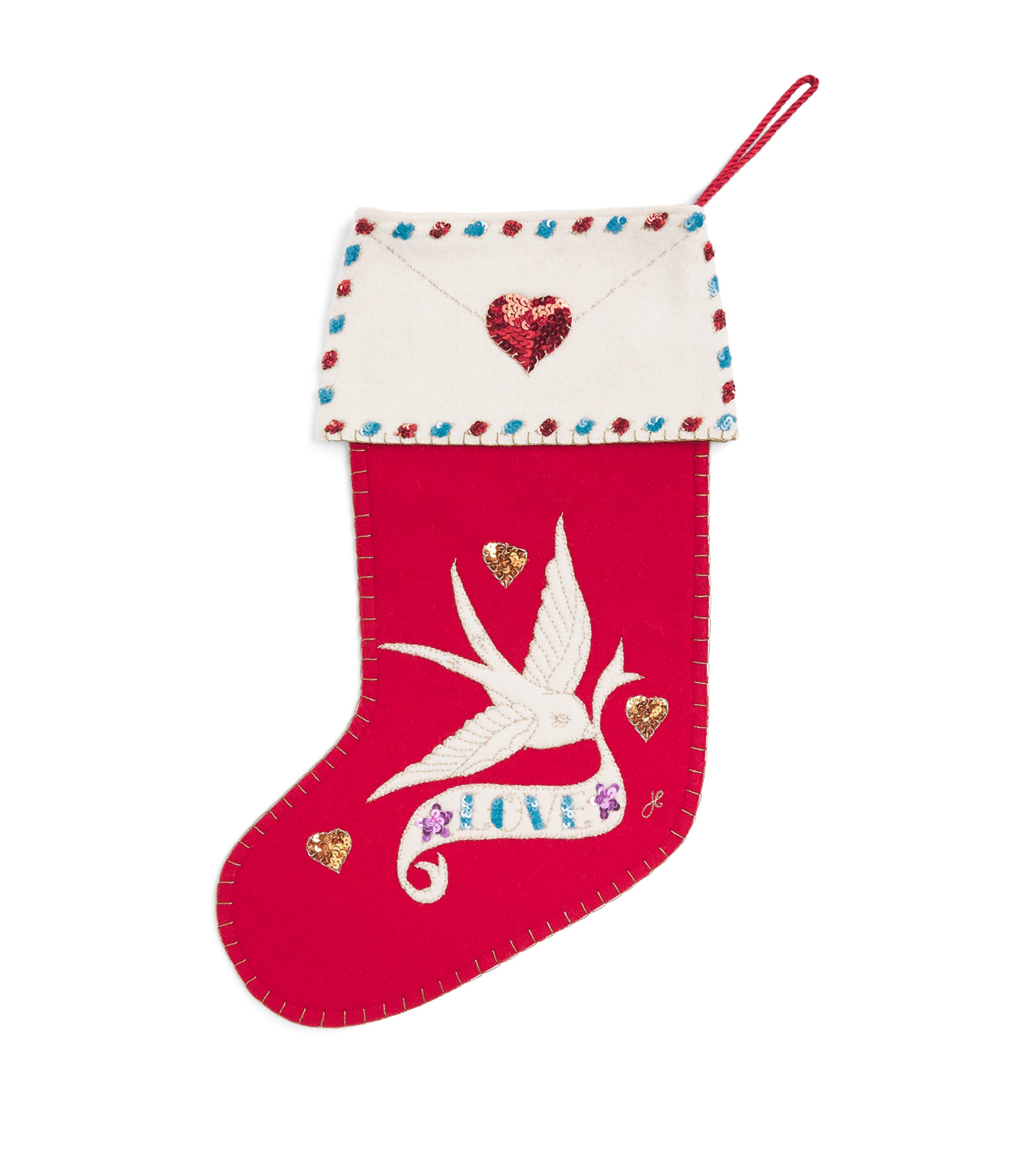Jan Constantine Wool Embroidered Lovebird Stocking Red / Cream Cuff