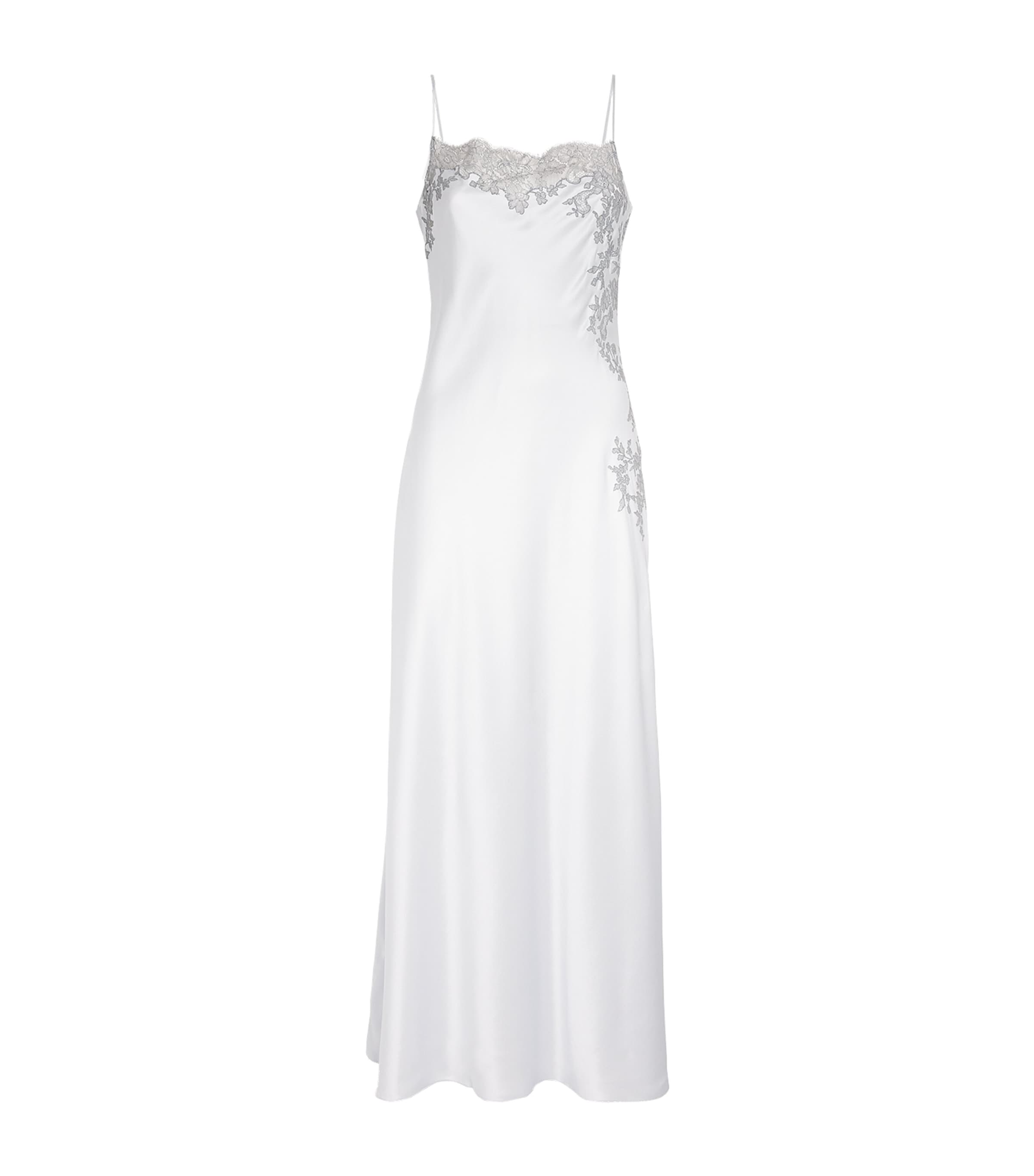Carine Gilson Womens Silk Lace Maxi Nightdress Silvergrey