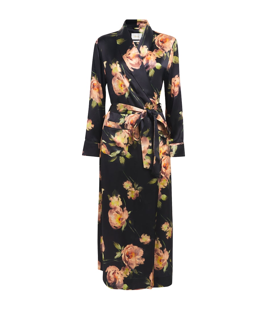 Harrods Womens Silk Midnight Rose Night Robe Black