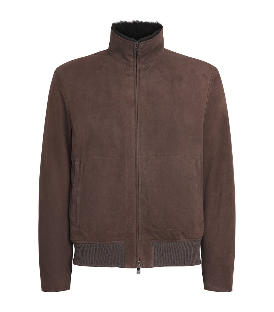 Corneliani Mens Suede-Shearling Funnel-Neck Jacket Dark Brown