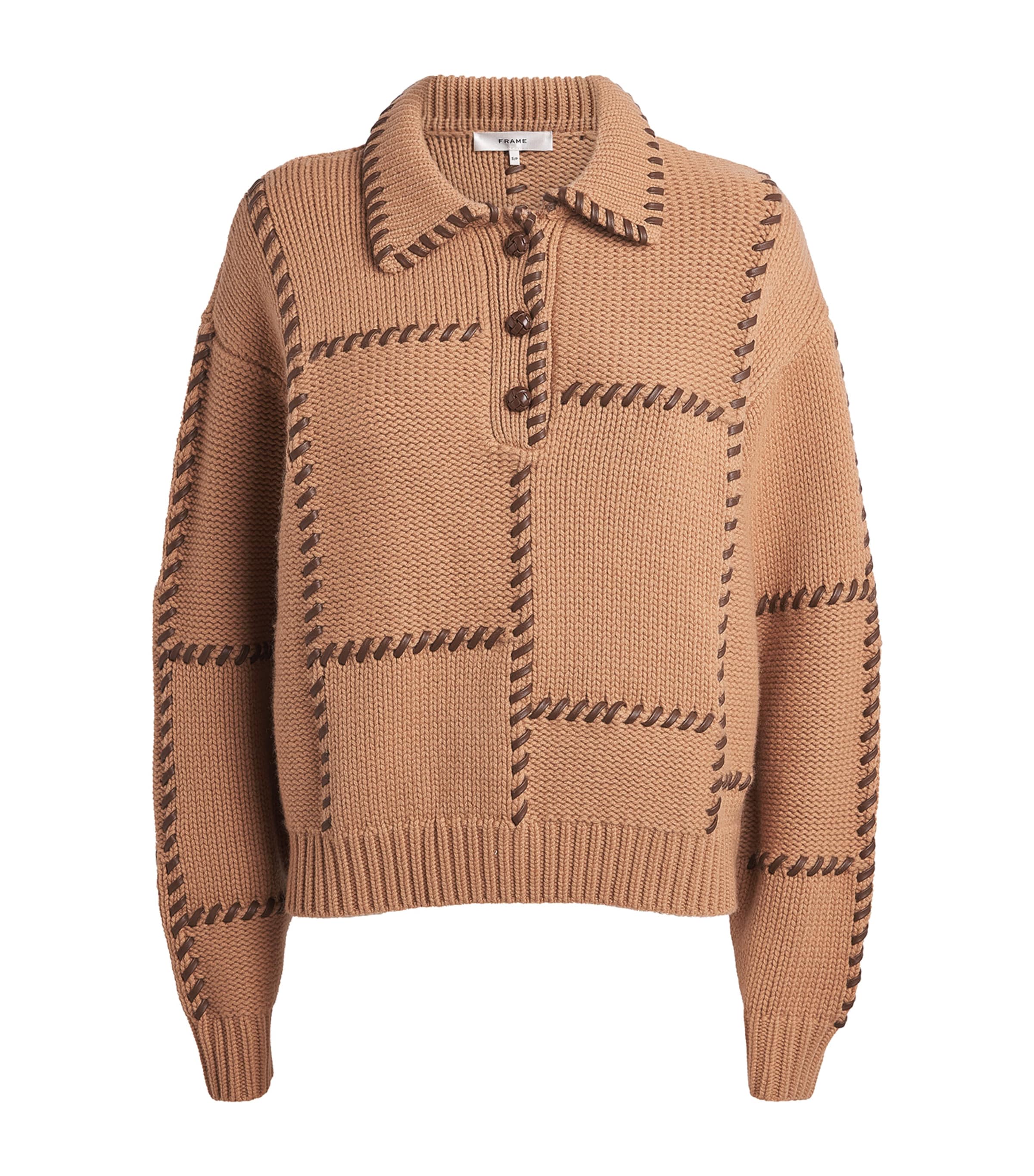 FRAME Womens Wool-Cashmere Leather-Stitch Sweater Caml Camel
